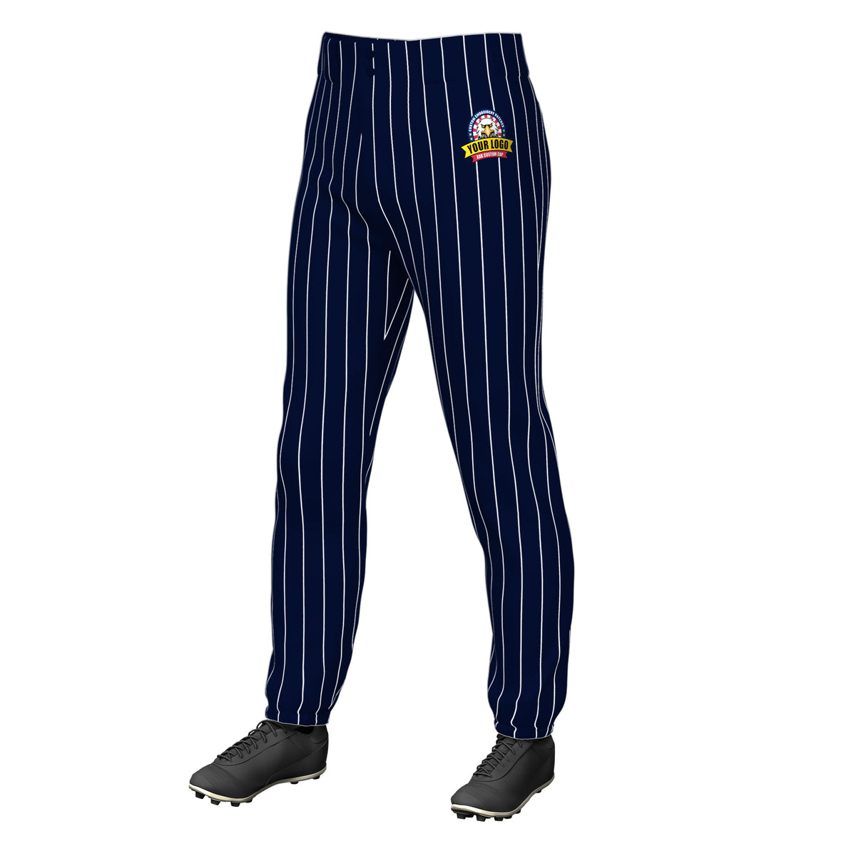 Custom Navy White Pinstripe Fit Stretch Practice Pull  Up Baseball Pants