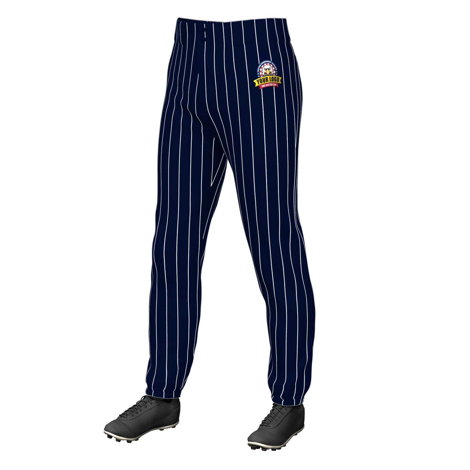 Custom Navy White Pinstripe Fit Stretch Practice Pull  Up Baseball Pants