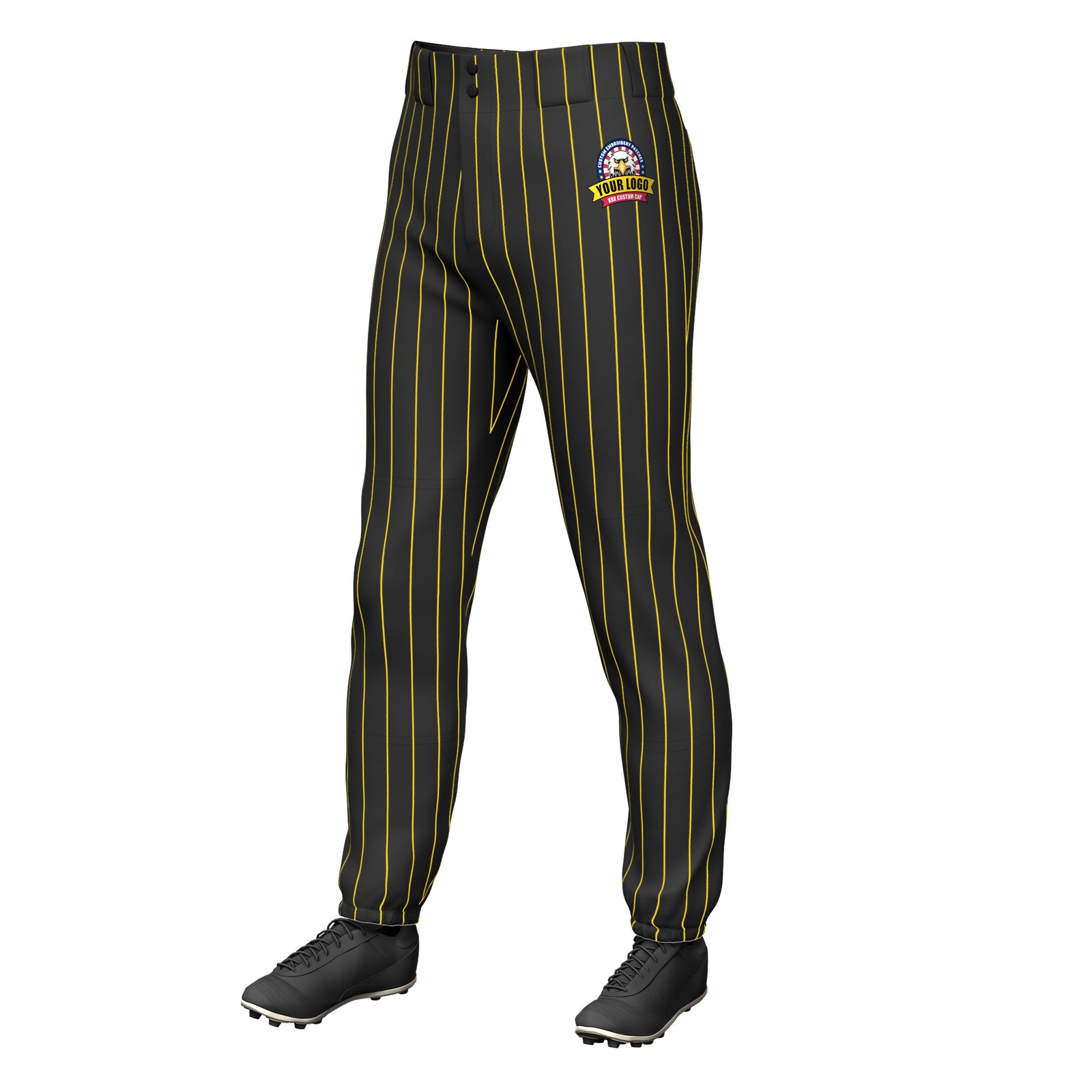 Custom Black Gold Pinstripe Fit Stretch Practice Pull  Up Baseball Pants