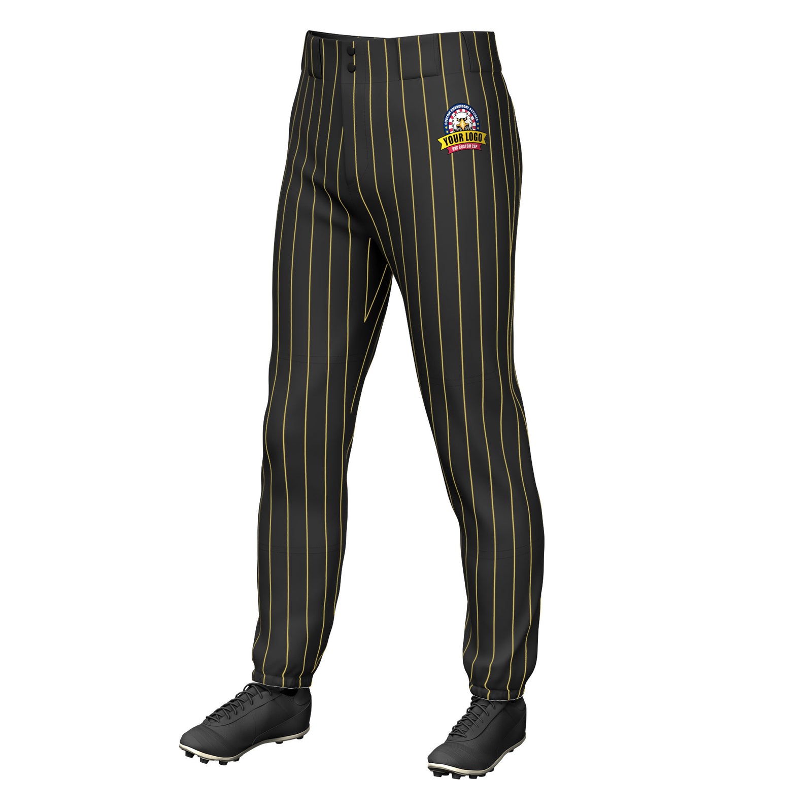 Custom Black Gold Pinstripe Fit Stretch Practice Pull  Up Baseball Pants