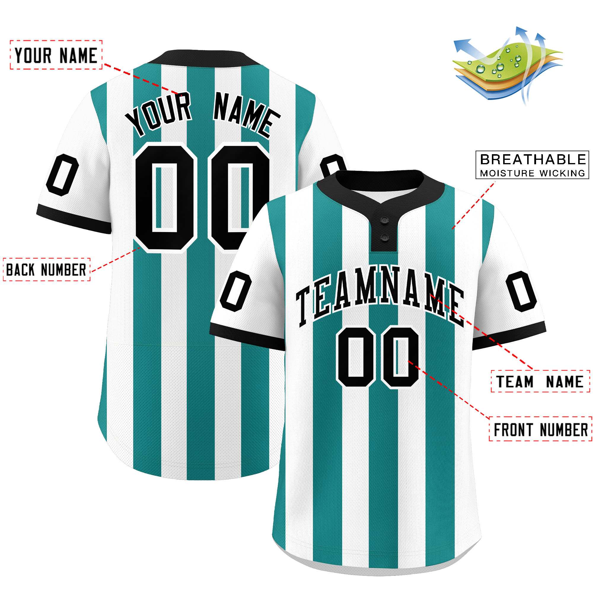 Custom White Aqua Stripe Fashion Authentic Two-Button Baseball Jersey