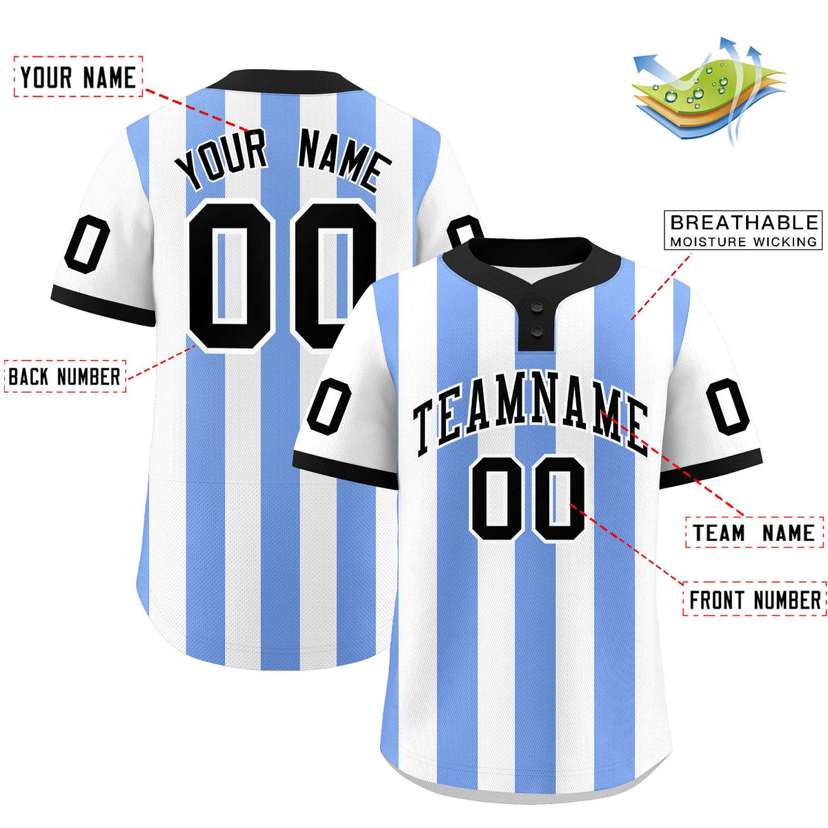 Custom White Light Blue Stripe Fashion Authentic Two-Button Softball Jersey