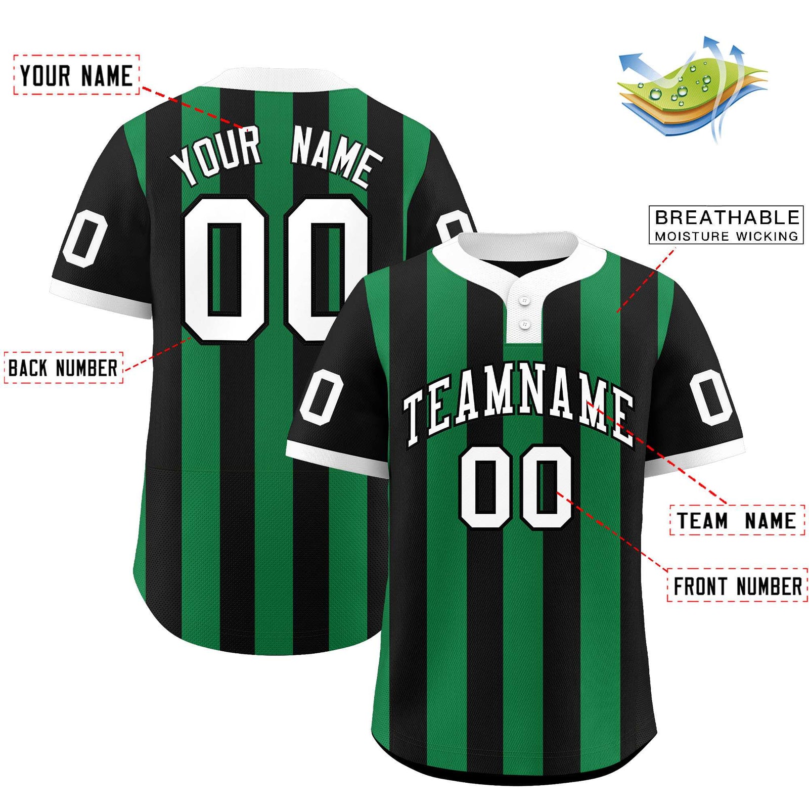 Custom Black Kelly Green Stripe Fashion Authentic Two-Button Softball Jersey