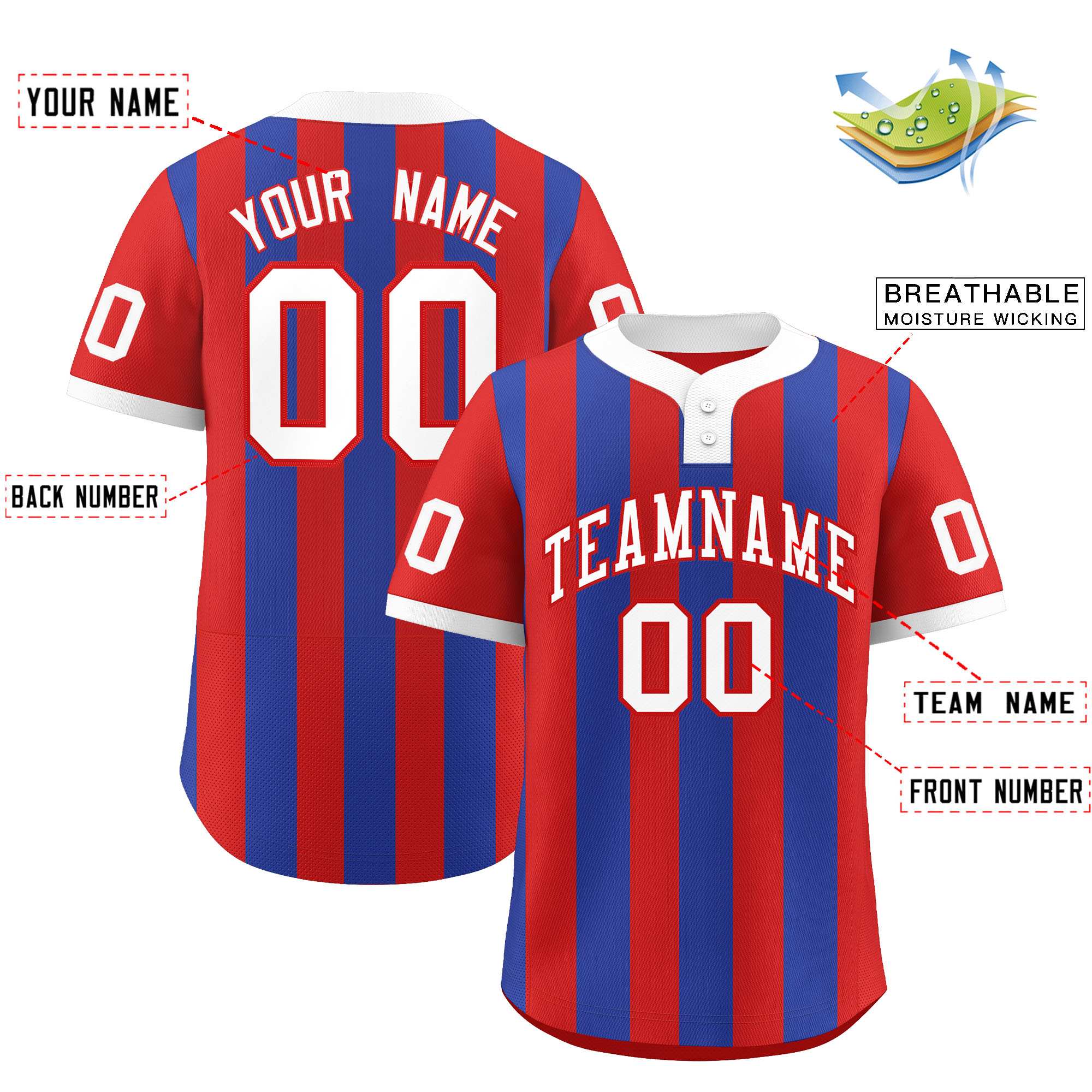 Custom Red Royal Stripe Fashion Authentic Two-Button Softball Jersey