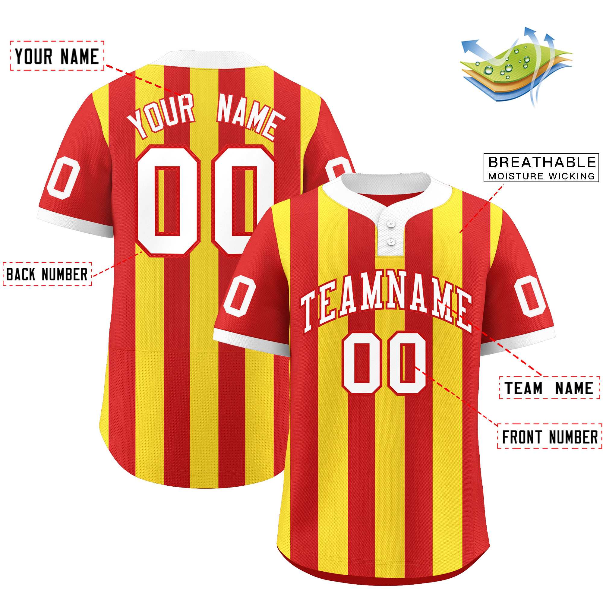 Custom Red Gold Stripe Fashion Authentic Two-Button Softball Jersey