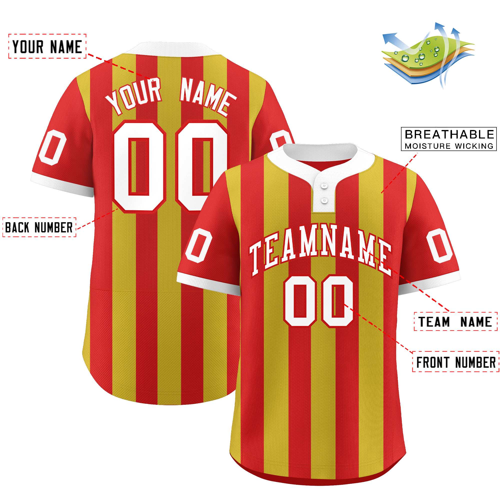 Custom Red Old Gold Stripe Fashion Authentic Two-Button Softball Jersey
