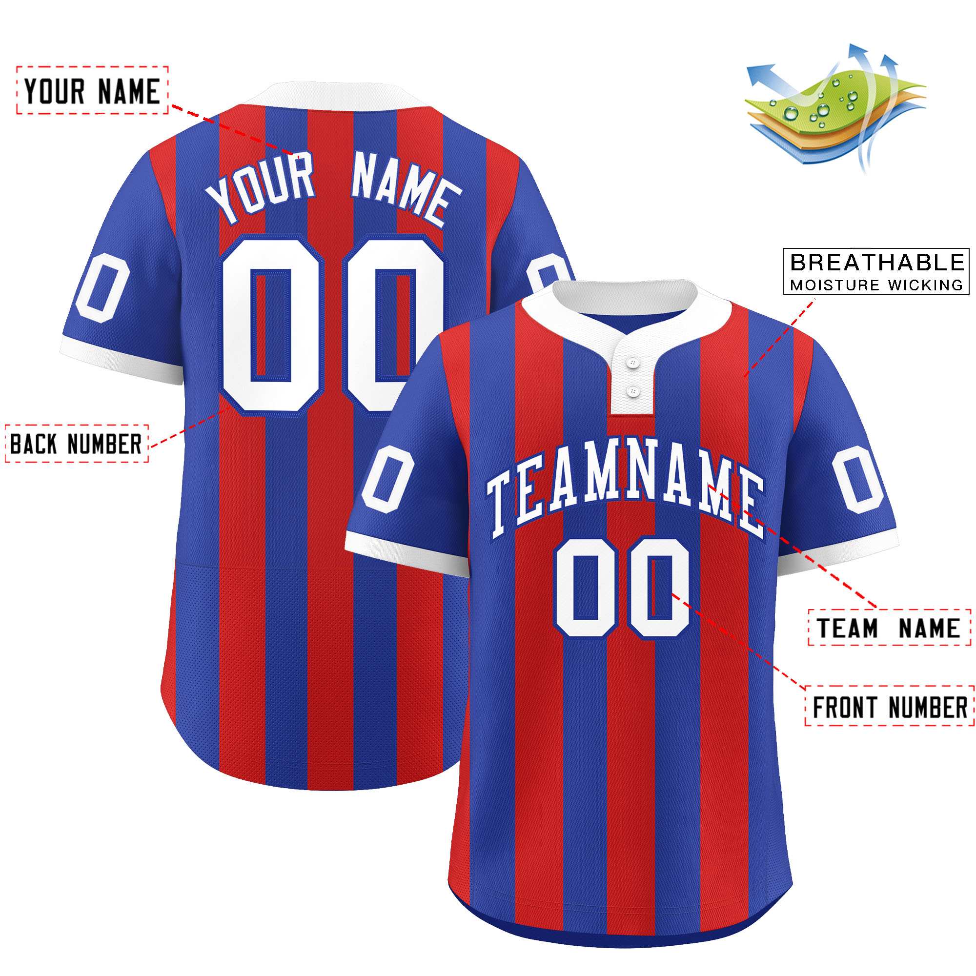 Custom Royal Red Stripe Fashion Authentic Two-Button Softball Jersey
