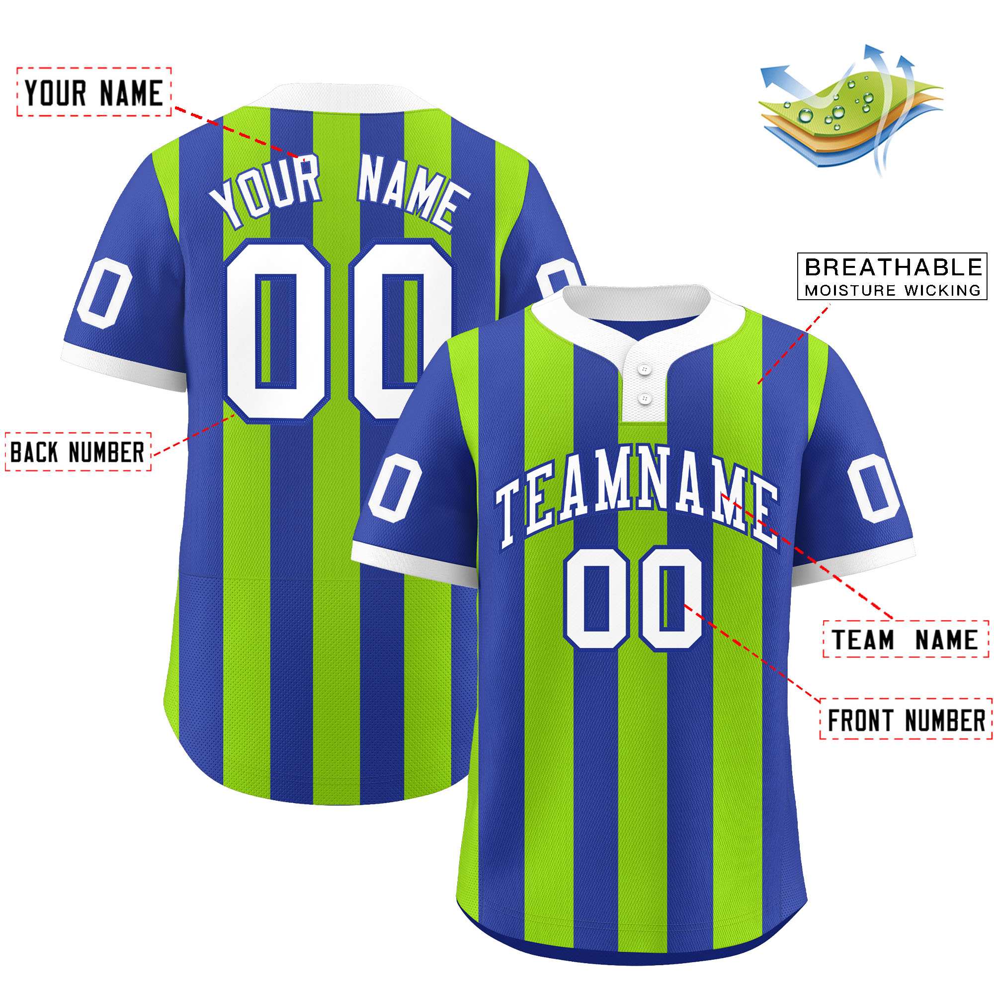 Custom Royal Neon Green Stripe Fashion Authentic Two-Button Softball Jersey