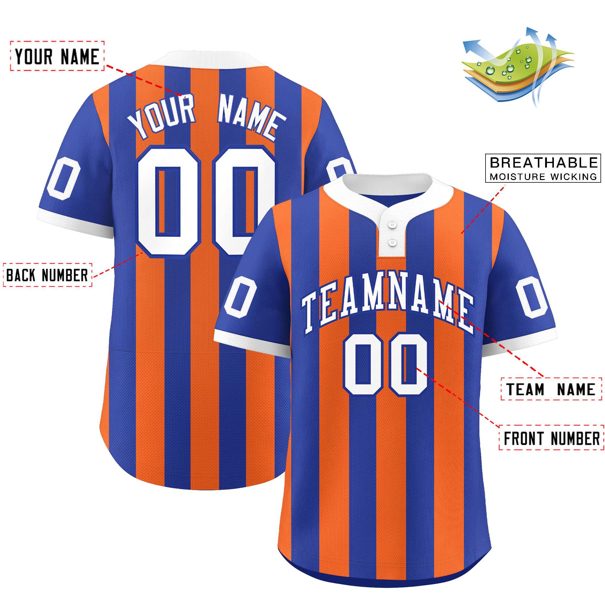 Custom Royal Orange Stripe Fashion Authentic Two-Button Softball Jersey