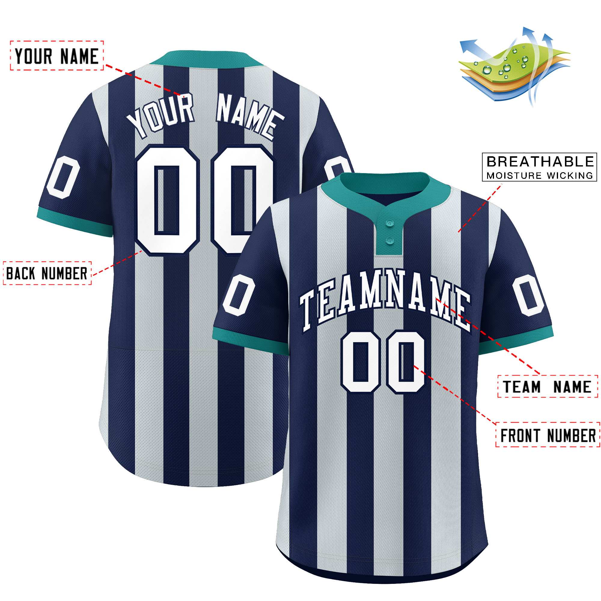 Custom Navy Silver Stripe Fashion Authentic Two-Button Baseball Jersey
