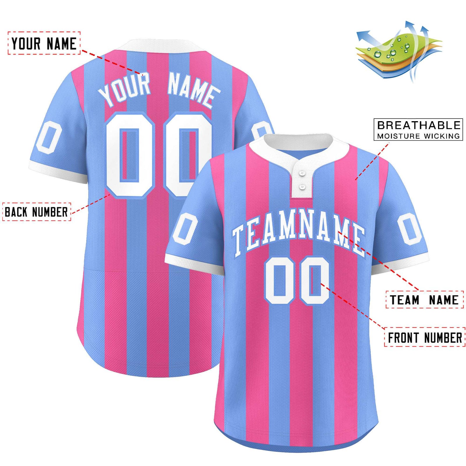 Custom Light Blue Pink Stripe Fashion Authentic Two-Button Softball Jersey