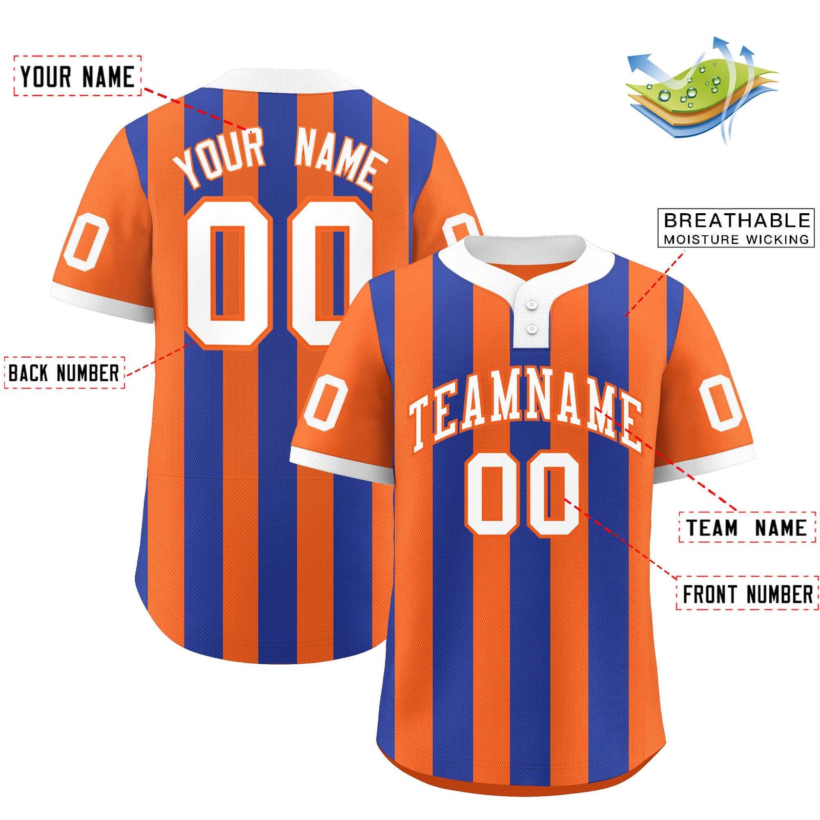 Custom Orange Royal Stripe Fashion Authentic Two-Button Softball Jersey