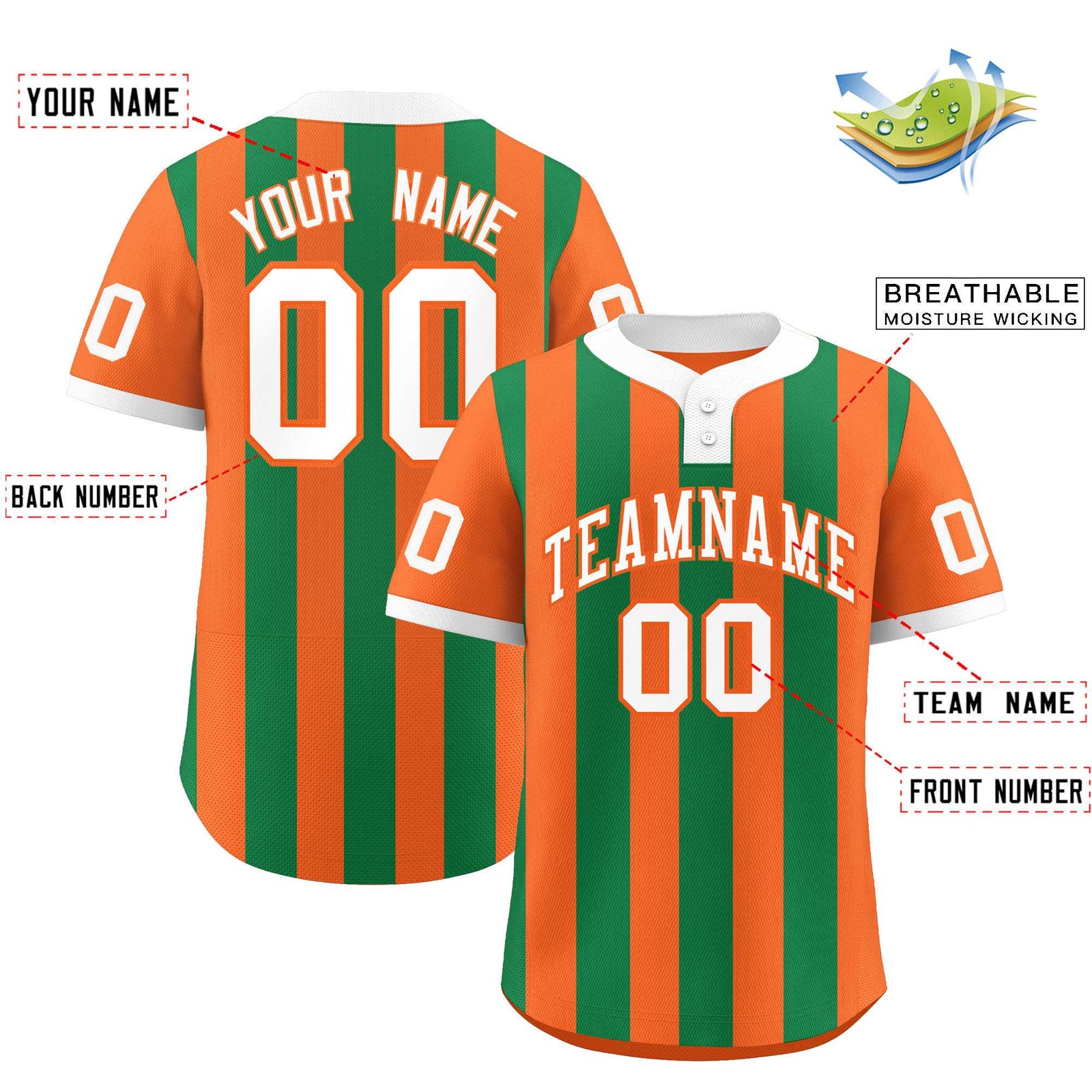 Custom Orange Kelly Green Stripe Fashion Authentic Two-Button Softball Jersey