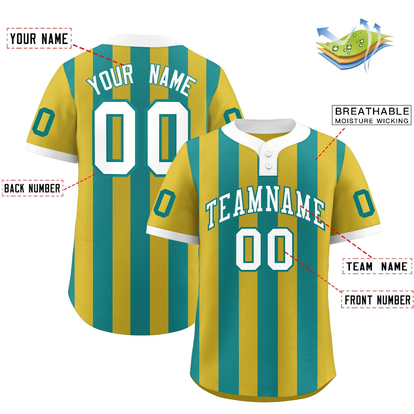 Custom Old Gold Aqua Stripe Fashion Authentic Two-Button Softball Jersey