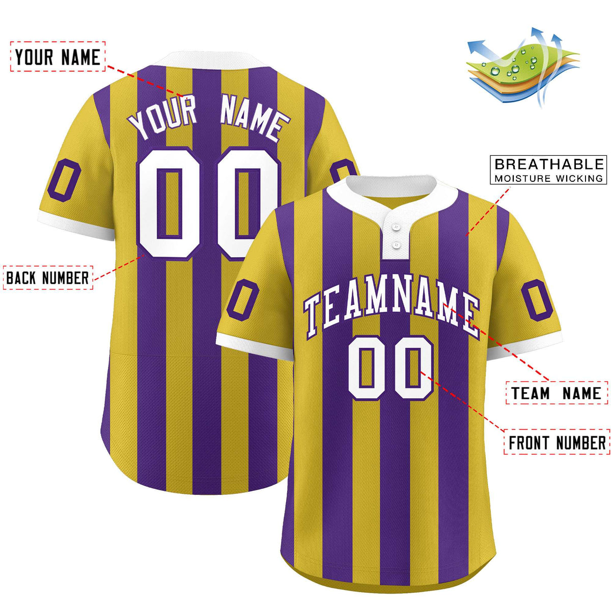 Custom Old Gold Purple Stripe Fashion Authentic Two-Button Softball Jersey