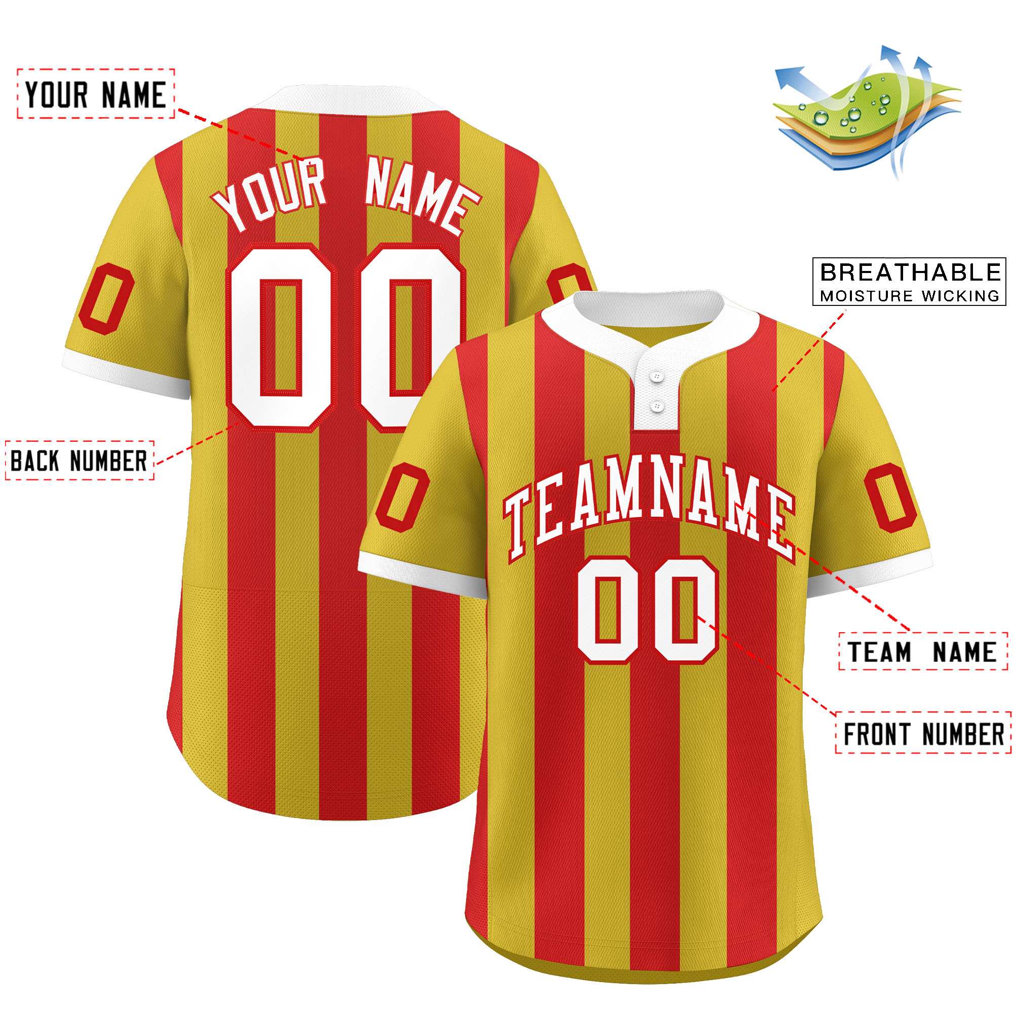 Custom Old Gold Red Stripe Fashion Authentic Two-Button Softball Jersey