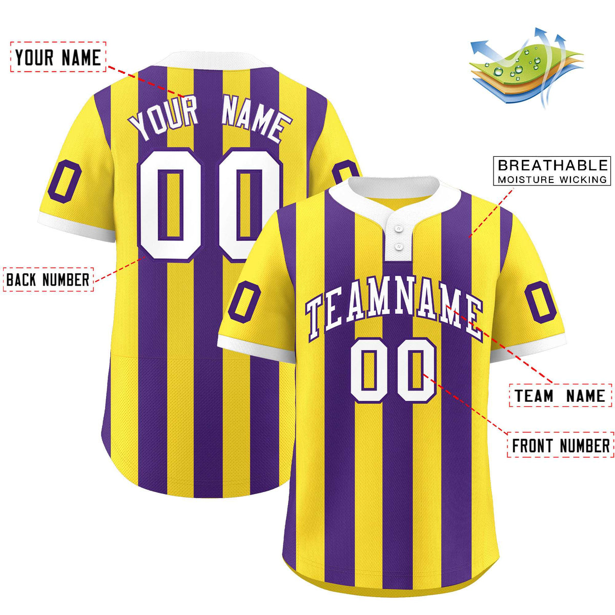 Custom Gold Purple Stripe Fashion Authentic Two-Button Softball Jersey