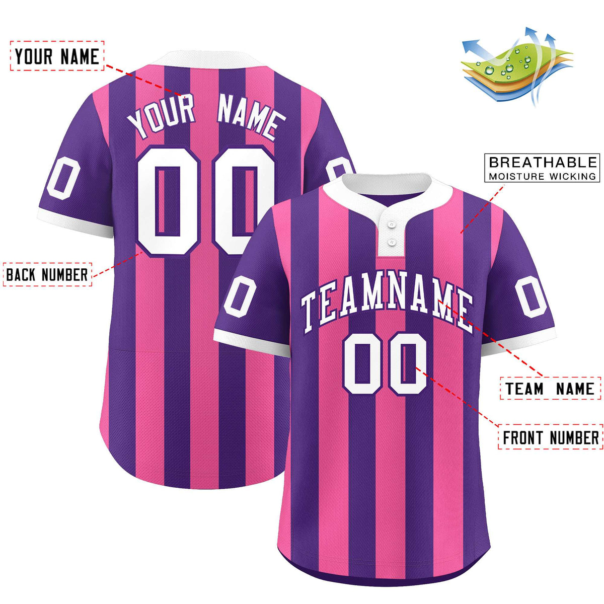 Custom Purple Pink Stripe Fashion Authentic Two-Button Softball Jersey