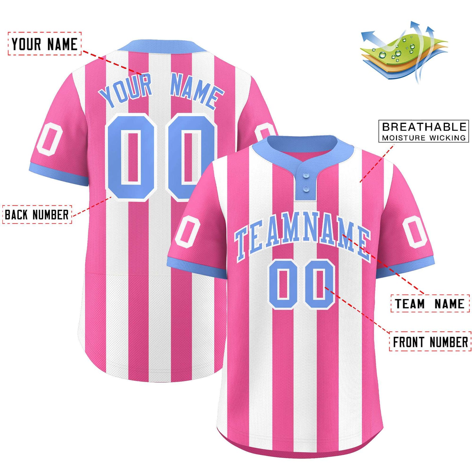 Custom Pink White Stripe Fashion Authentic Two-Button Softball Jersey