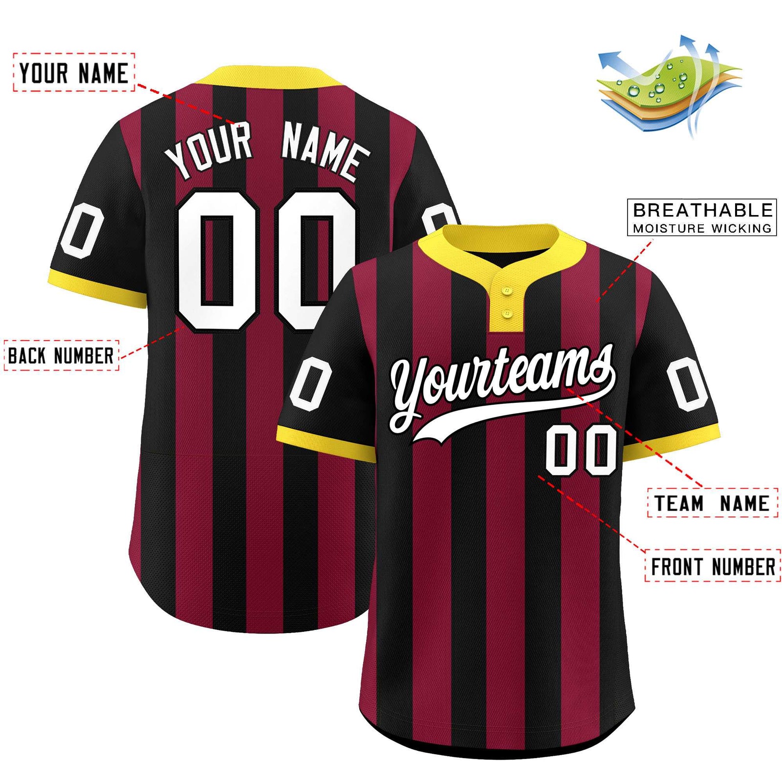 Custom Black Crimson Stripe Fashion Authentic Two-Button Softball Jersey