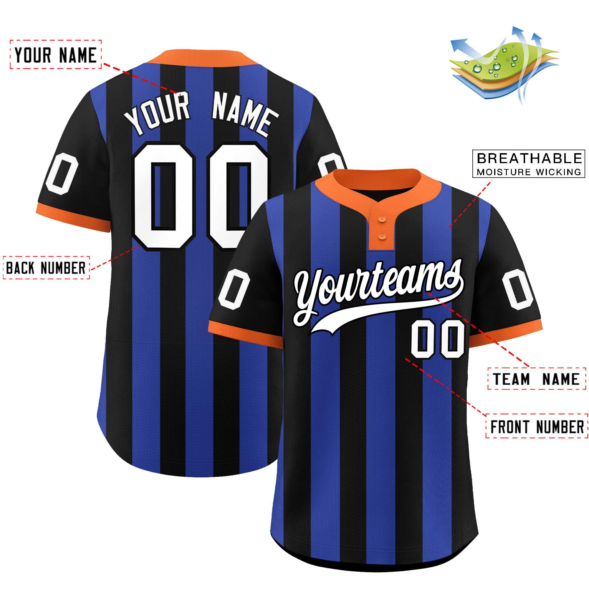 Custom Black Royal Stripe Fashion Authentic Two-Button Softball Jersey