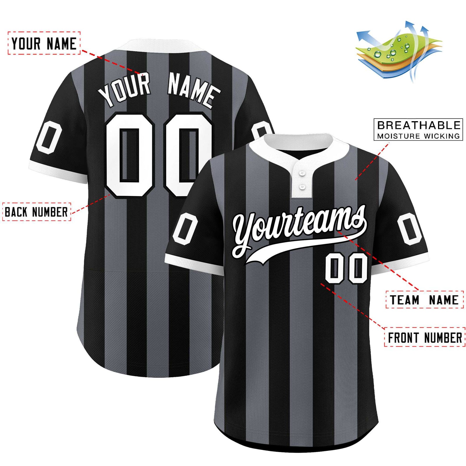Custom Black Dark Gray Stripe Fashion Authentic Two-Button Softball Jersey