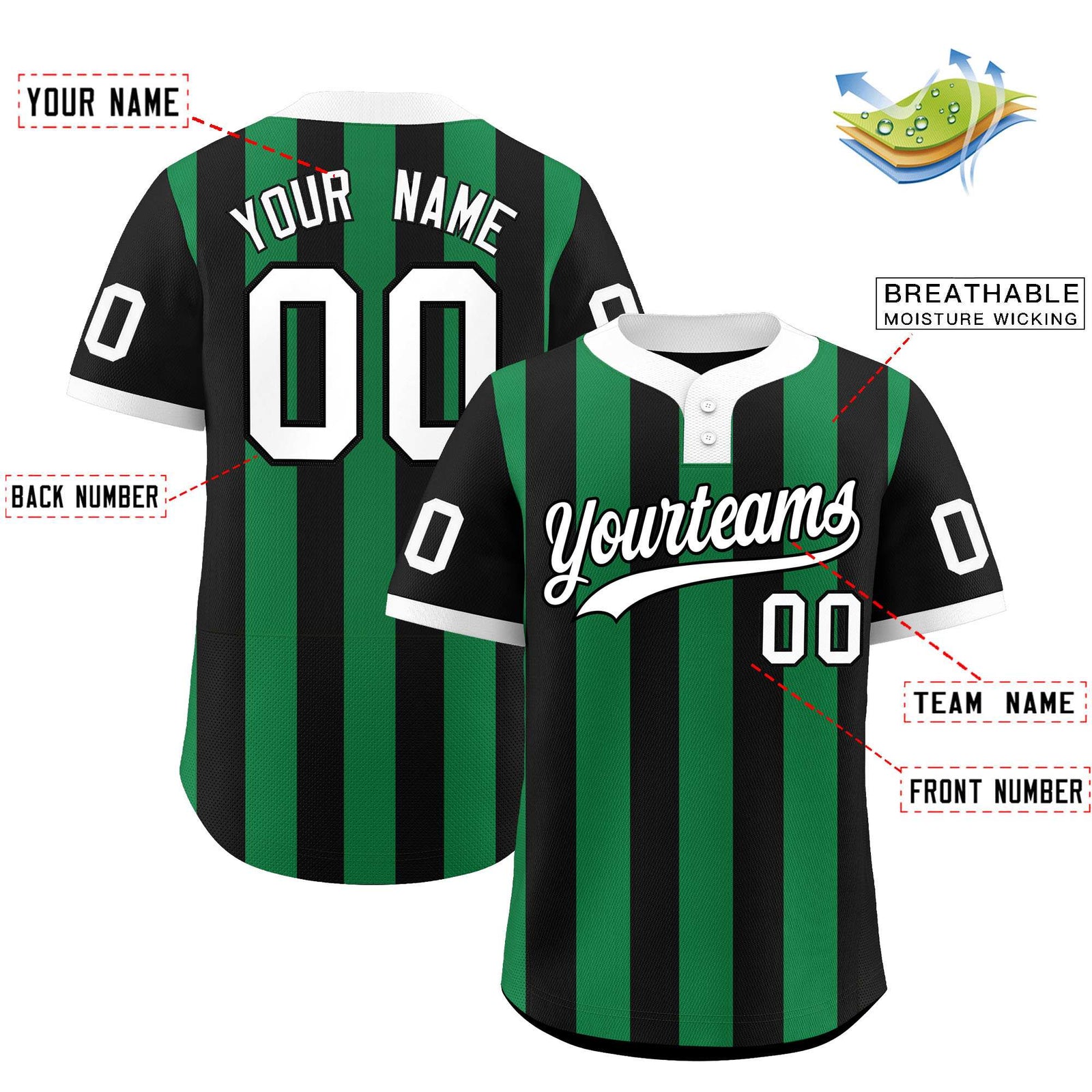 Custom Black Kelly Green Stripe Fashion Authentic Two-Button Softball Jersey