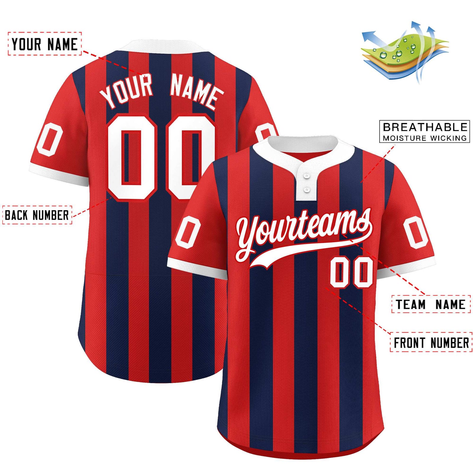 Custom Red Navy Stripe Fashion Authentic Two-Button Softball Jersey