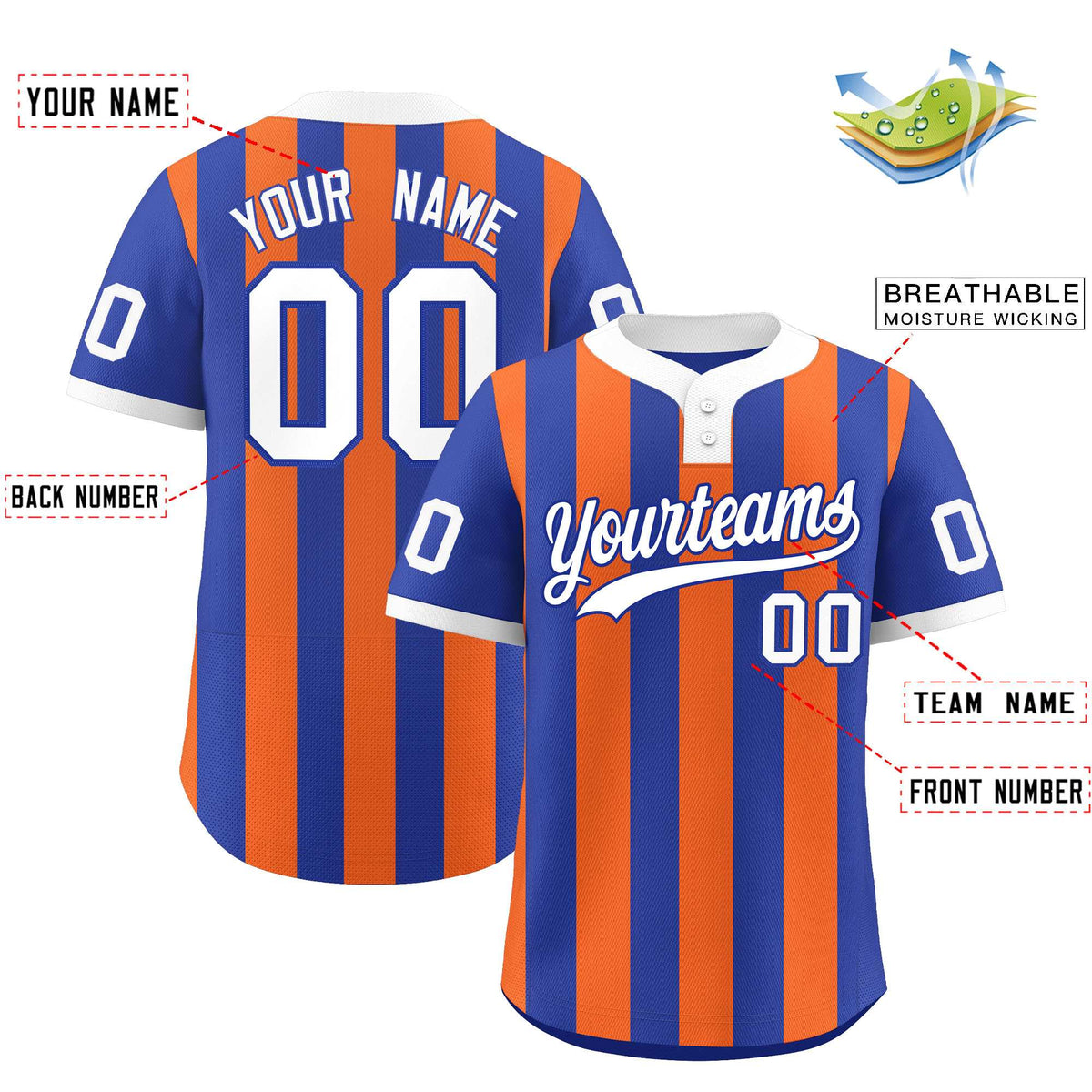 Custom Royal Orange Stripe Fashion Authentic Two-Button Softball Jersey