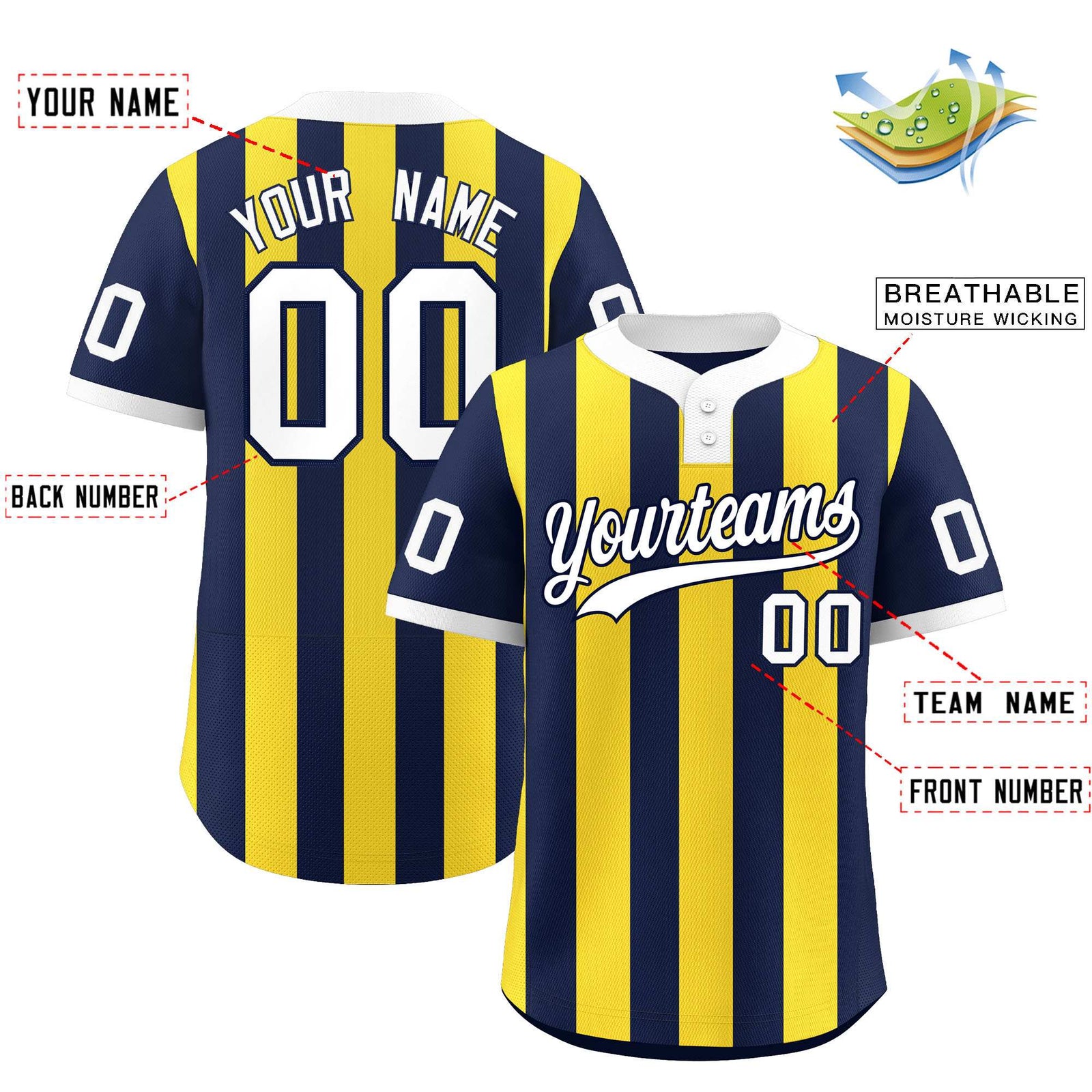 Custom Navy Gold Stripe Fashion Authentic Two-Button Softball Jersey