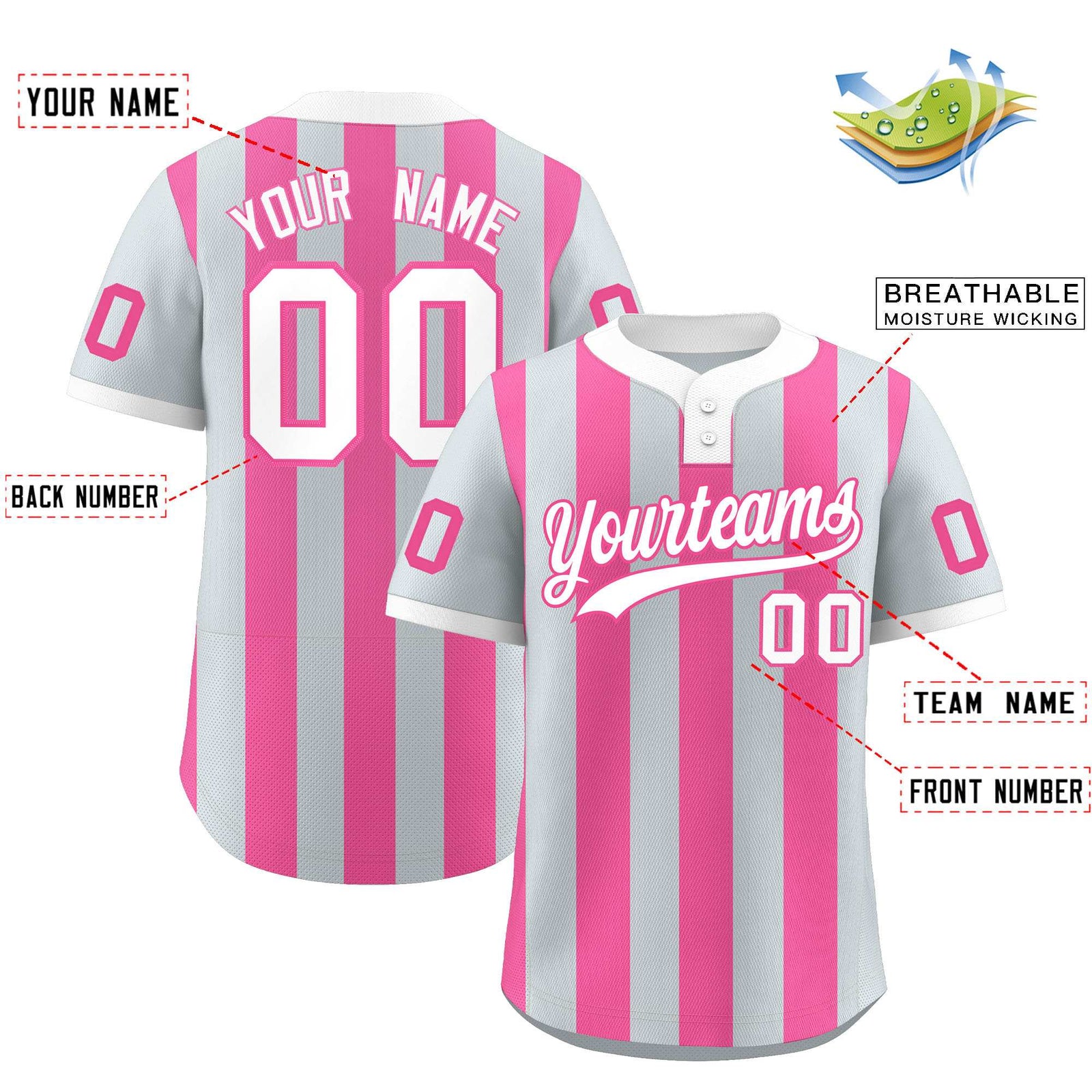 Custom Silver Pink Stripe Fashion Authentic Two-Button Softball Jersey