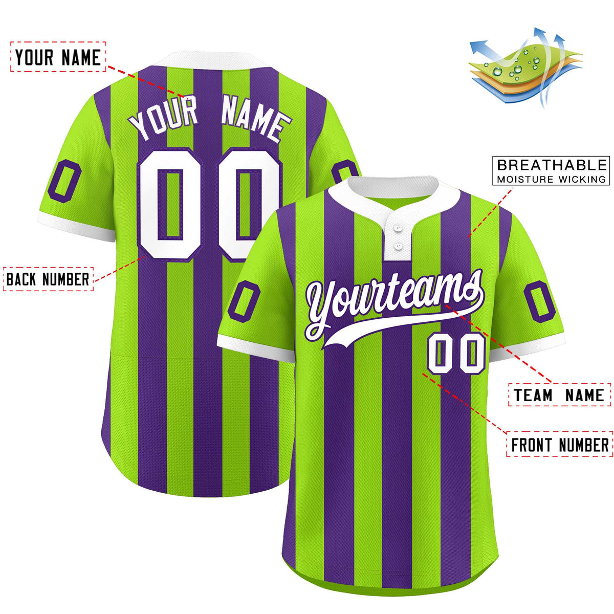 Custom Neon Green Purple Stripe Fashion Authentic Two-Button Softball Jersey