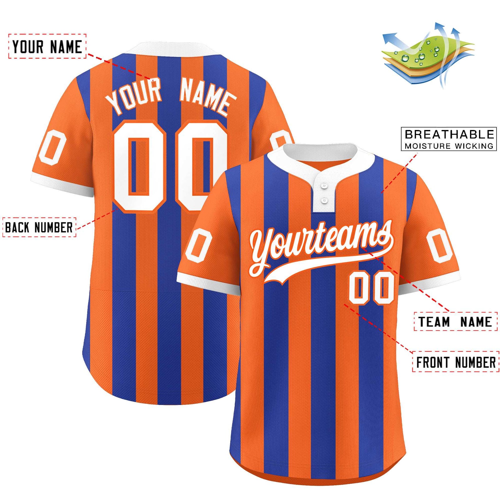 Custom Orange Royal Stripe Fashion Authentic Two-Button Softball Jersey