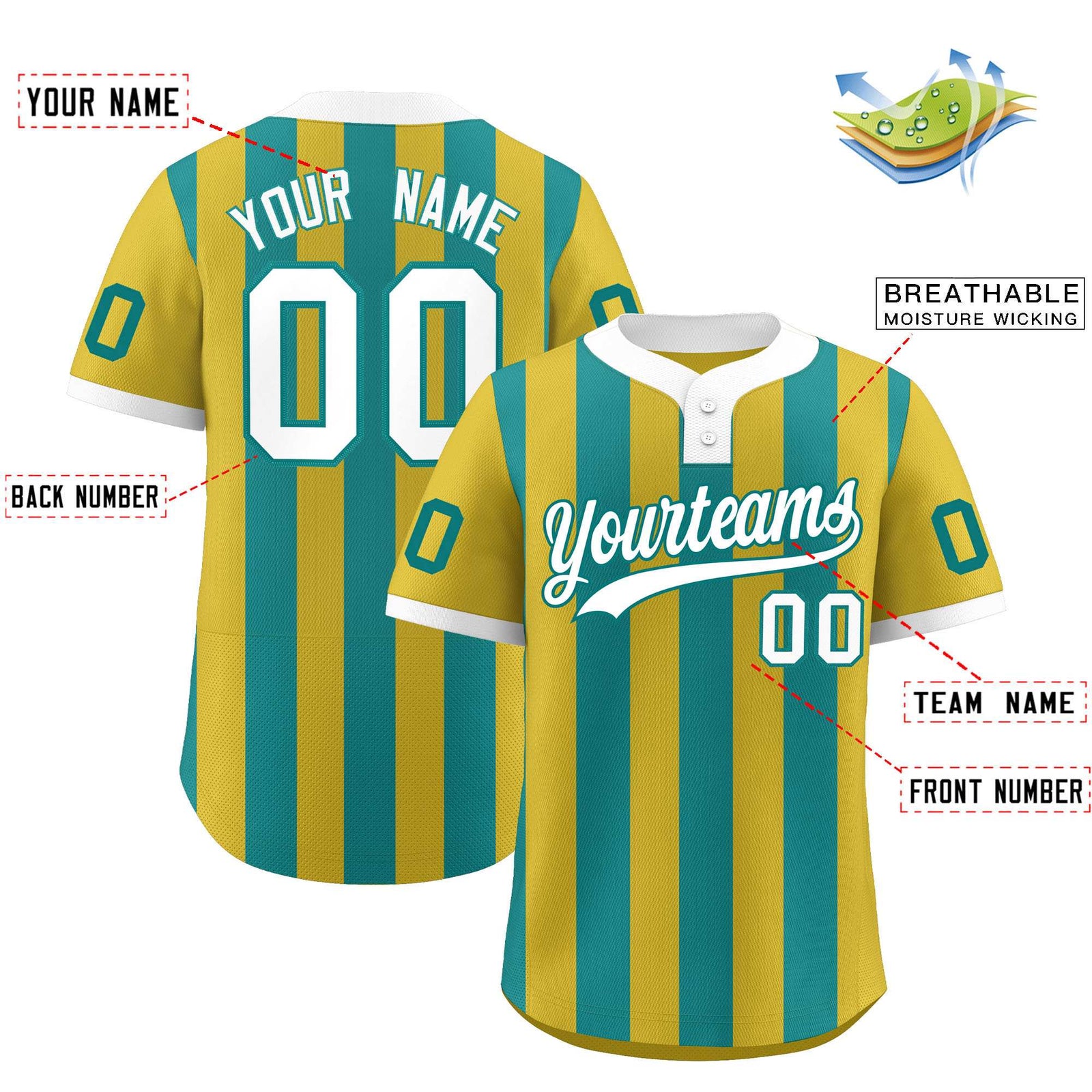 Custom Old Gold Aqua Stripe Fashion Authentic Two-Button Softball Jersey