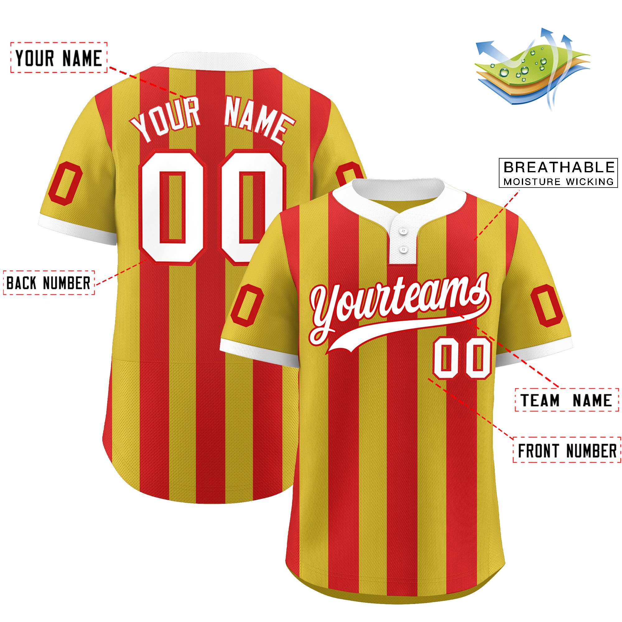 Custom Old Gold Red Stripe Fashion Authentic Two-Button Softball Jersey