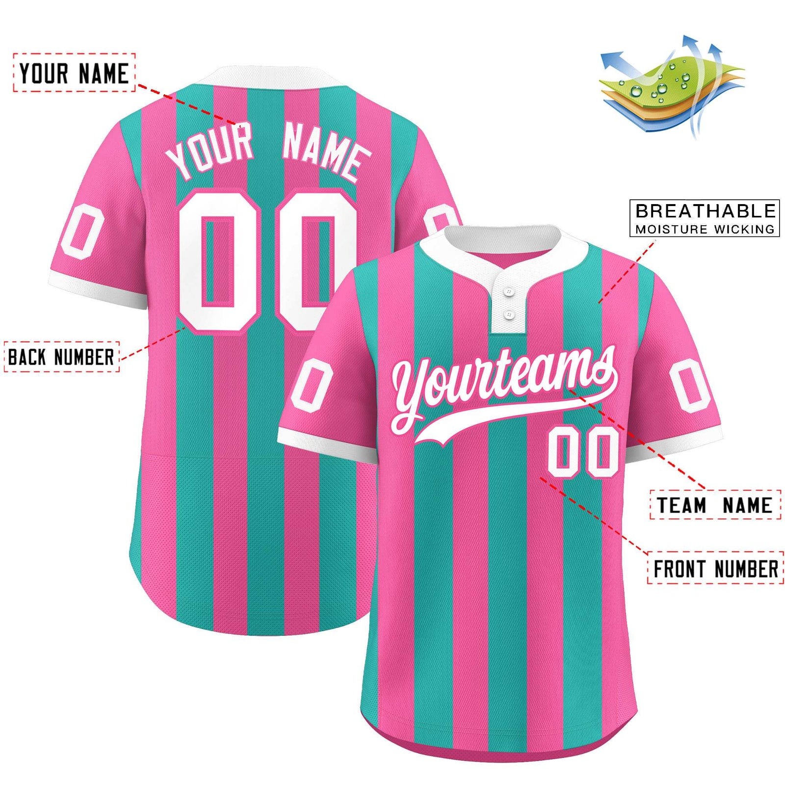 Custom Pink Aqua Stripe Fashion Authentic Two-Button Softball Jersey