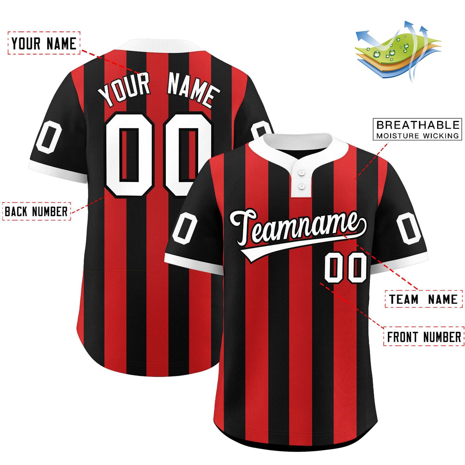 Custom Black Red Stripe Fashion Authentic Two-Button Softball Jersey