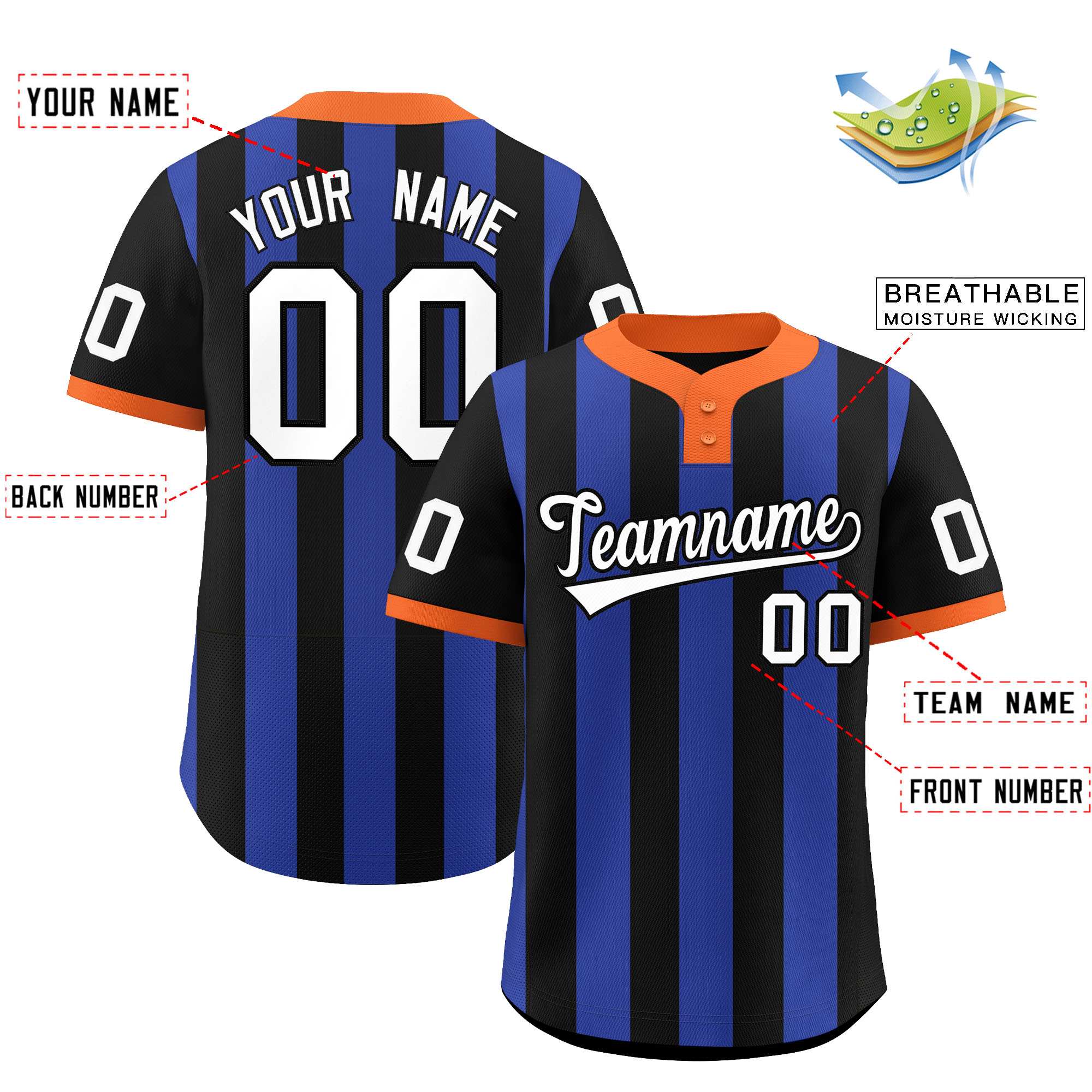 Custom Black Royal Stripe Fashion Authentic Two-Button Softball Jersey