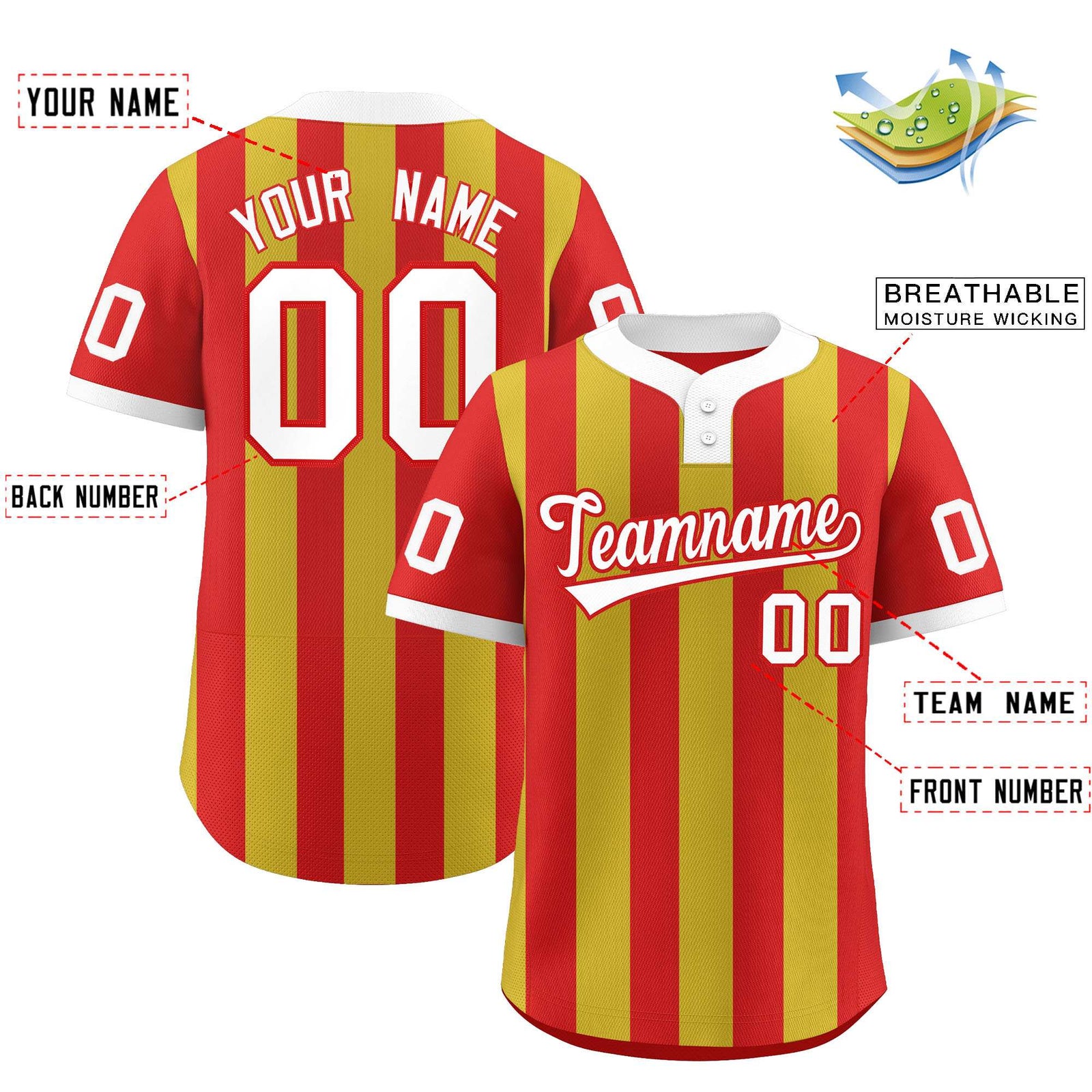 Custom Red Old Gold Stripe Fashion Authentic Two-Button Softball Jersey
