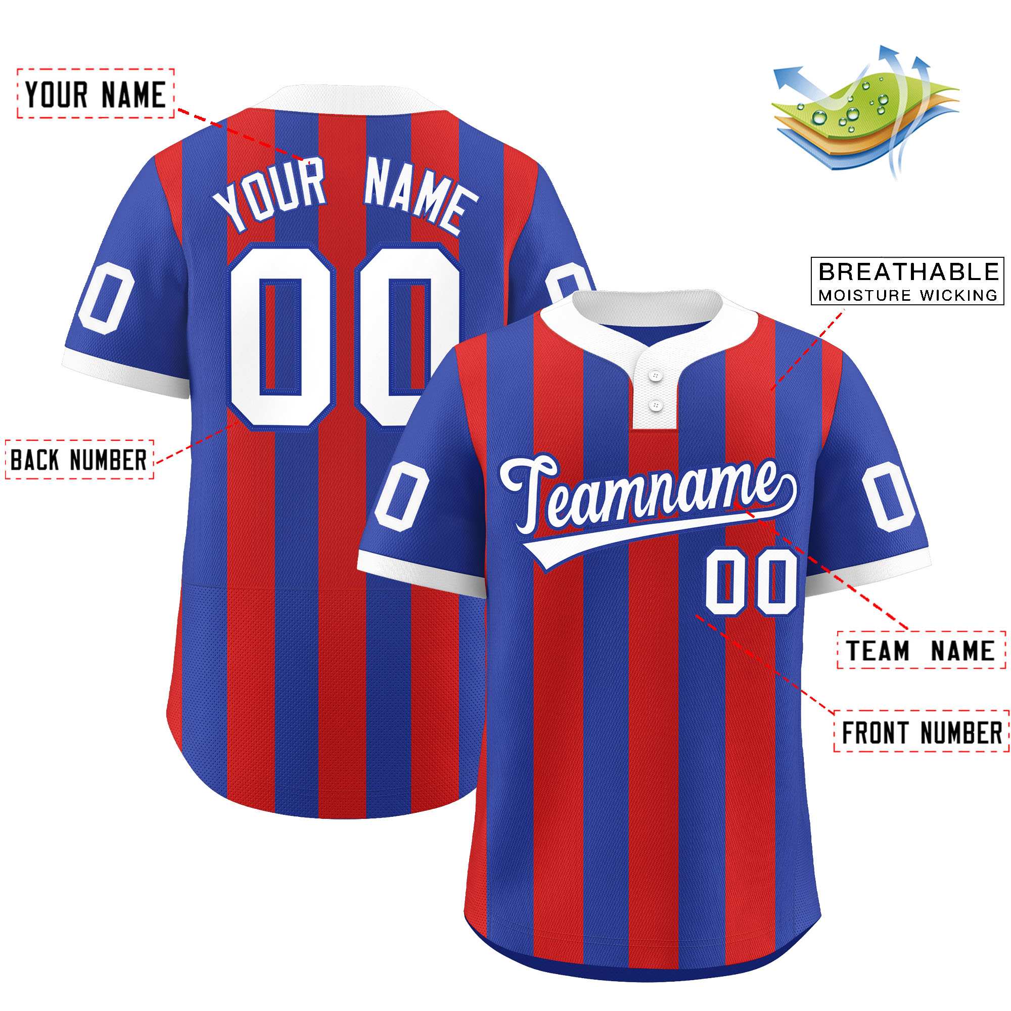 Custom Royal Red Stripe Fashion Authentic Two-Button Softball Jersey