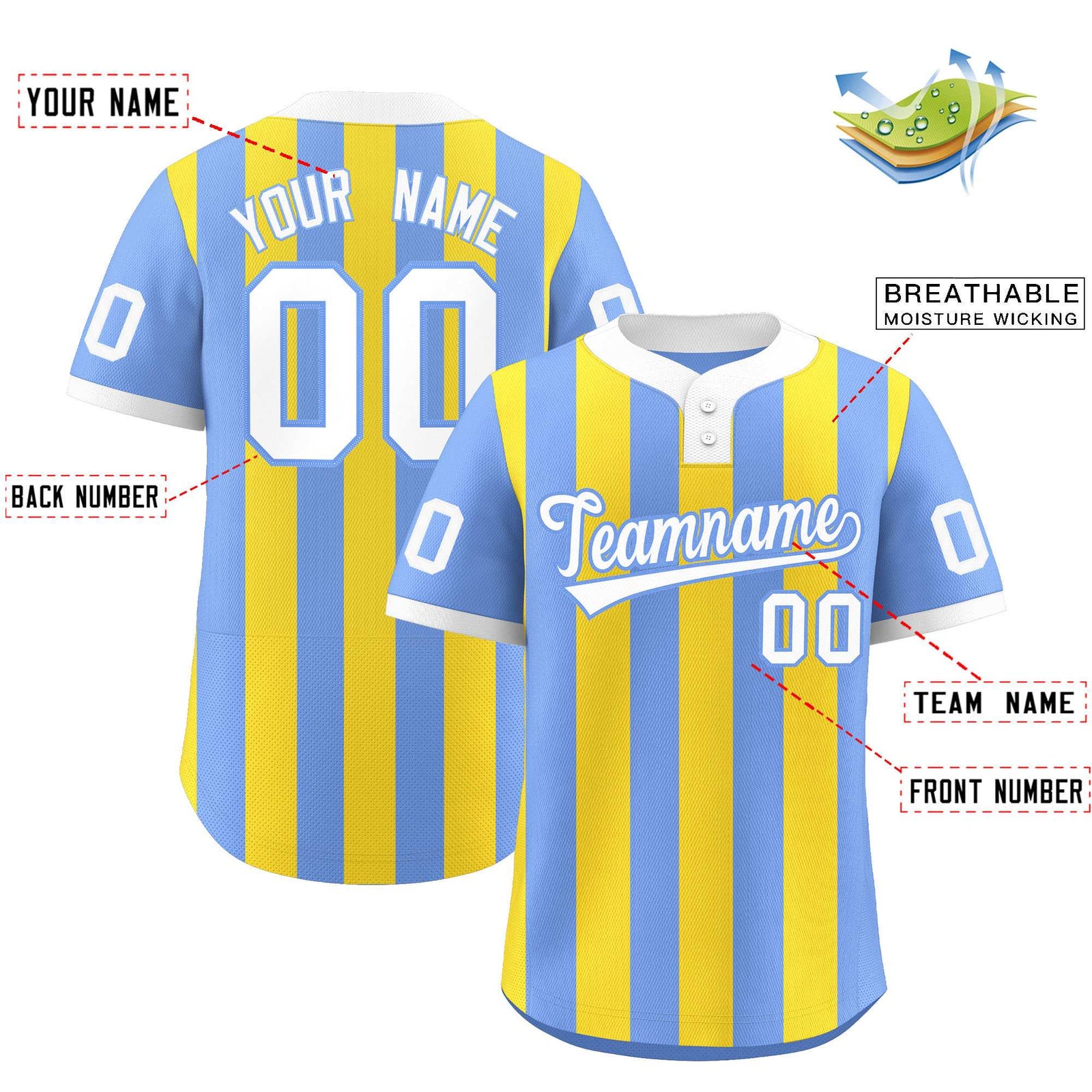 Custom Light Blue Gold Stripe Fashion Authentic Two-Button Softball Jersey