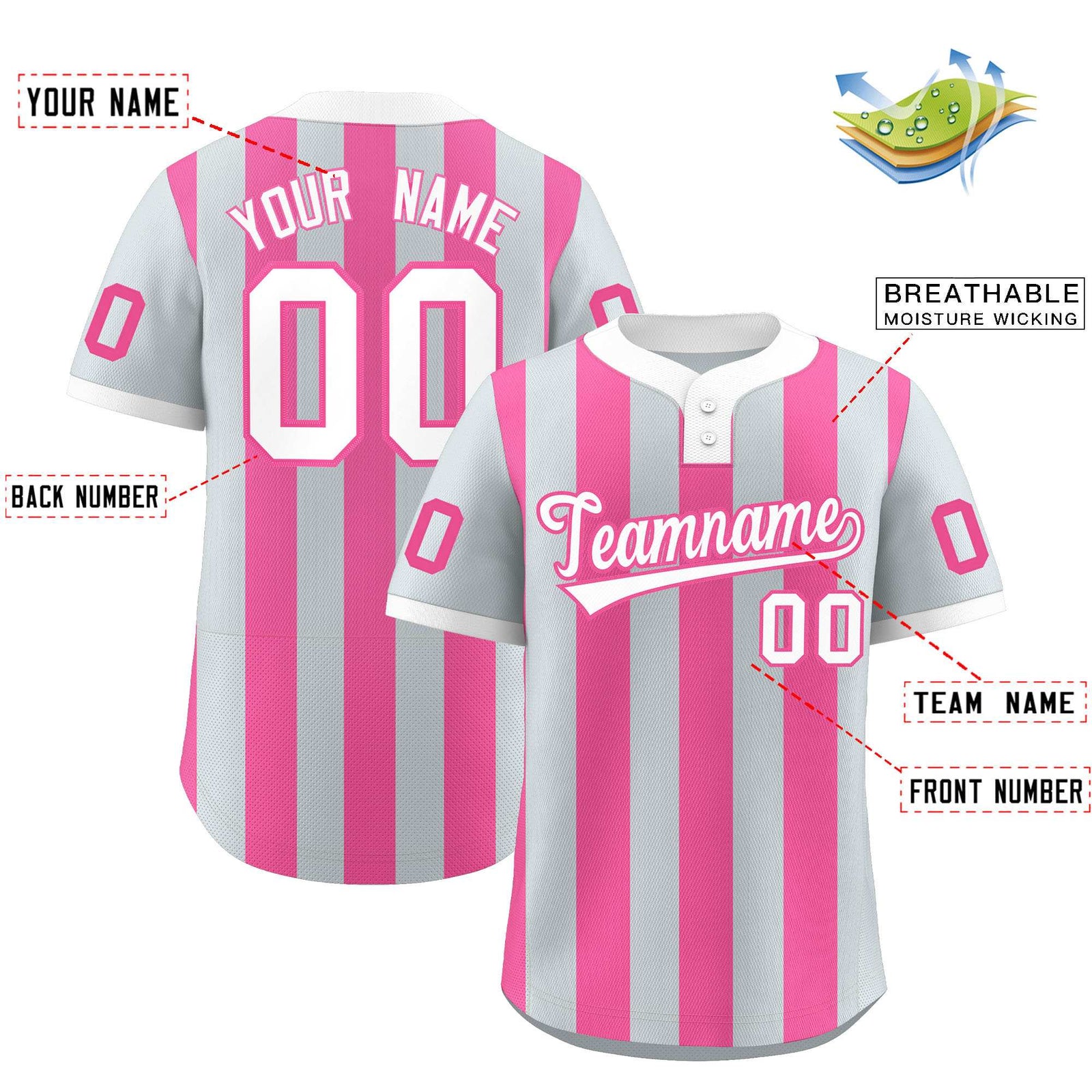 Custom Silver Pink Stripe Fashion Authentic Two-Button Softball Jersey