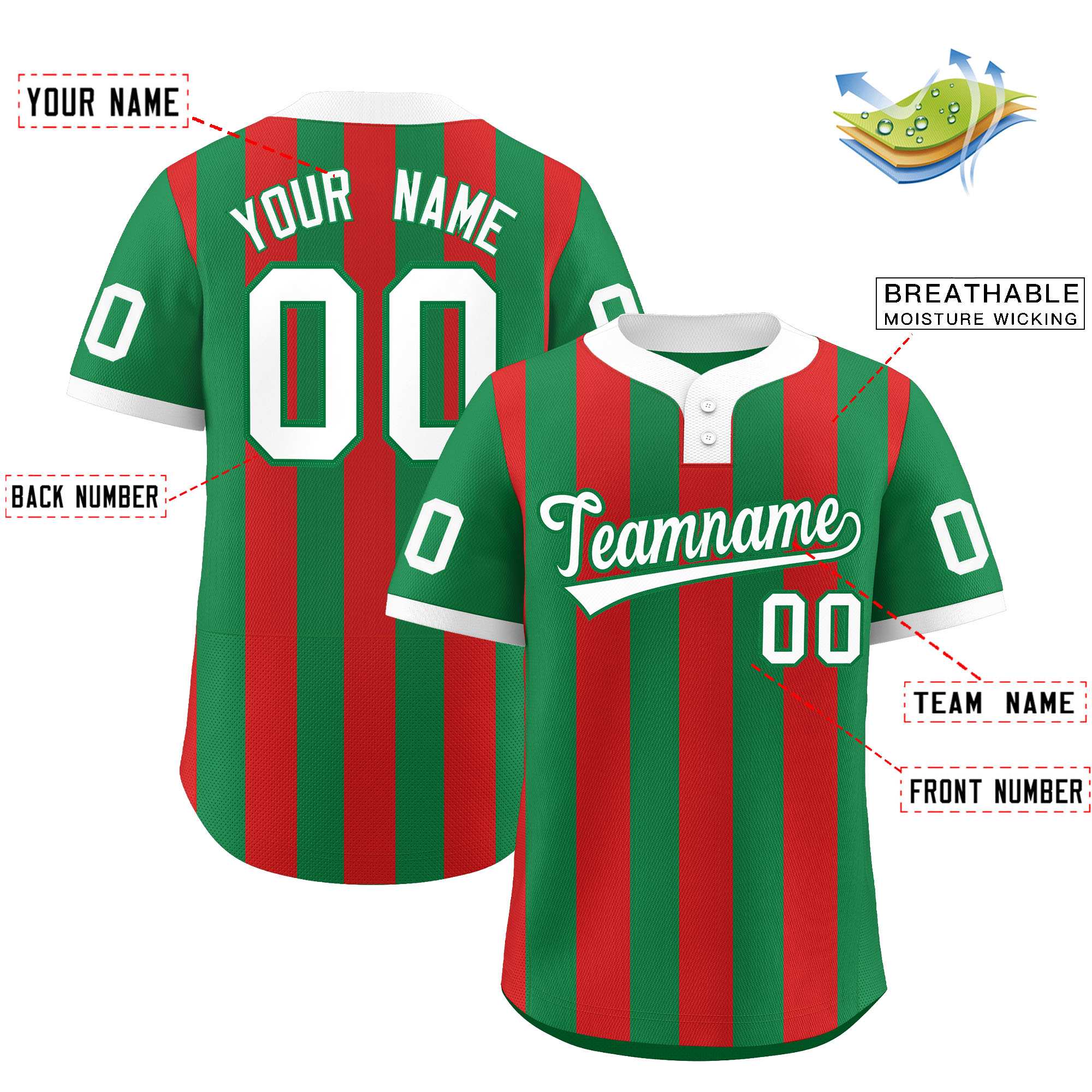 Custom Kelly Green Red Stripe Fashion Authentic Two-Button Softball Jersey