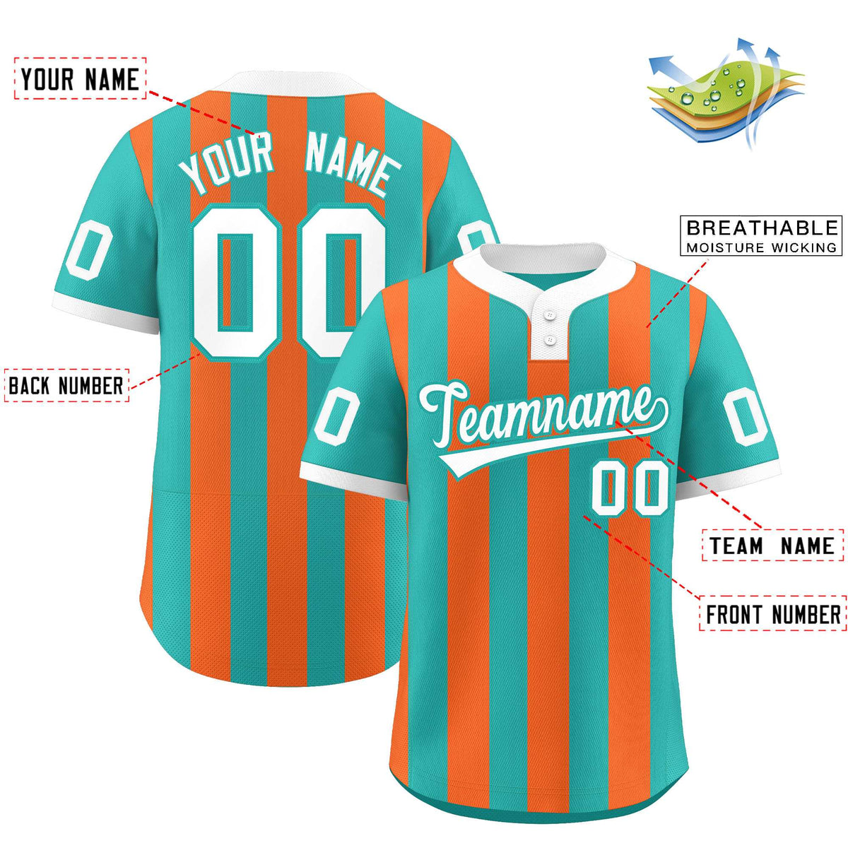 Custom Aqua Orange Stripe Fashion Authentic Two-Button Softball Jersey