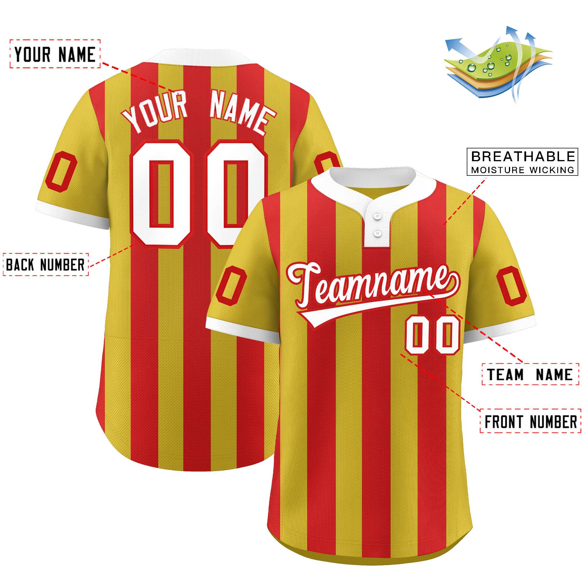 Custom Old Gold Red Stripe Fashion Authentic Two-Button Softball Jersey