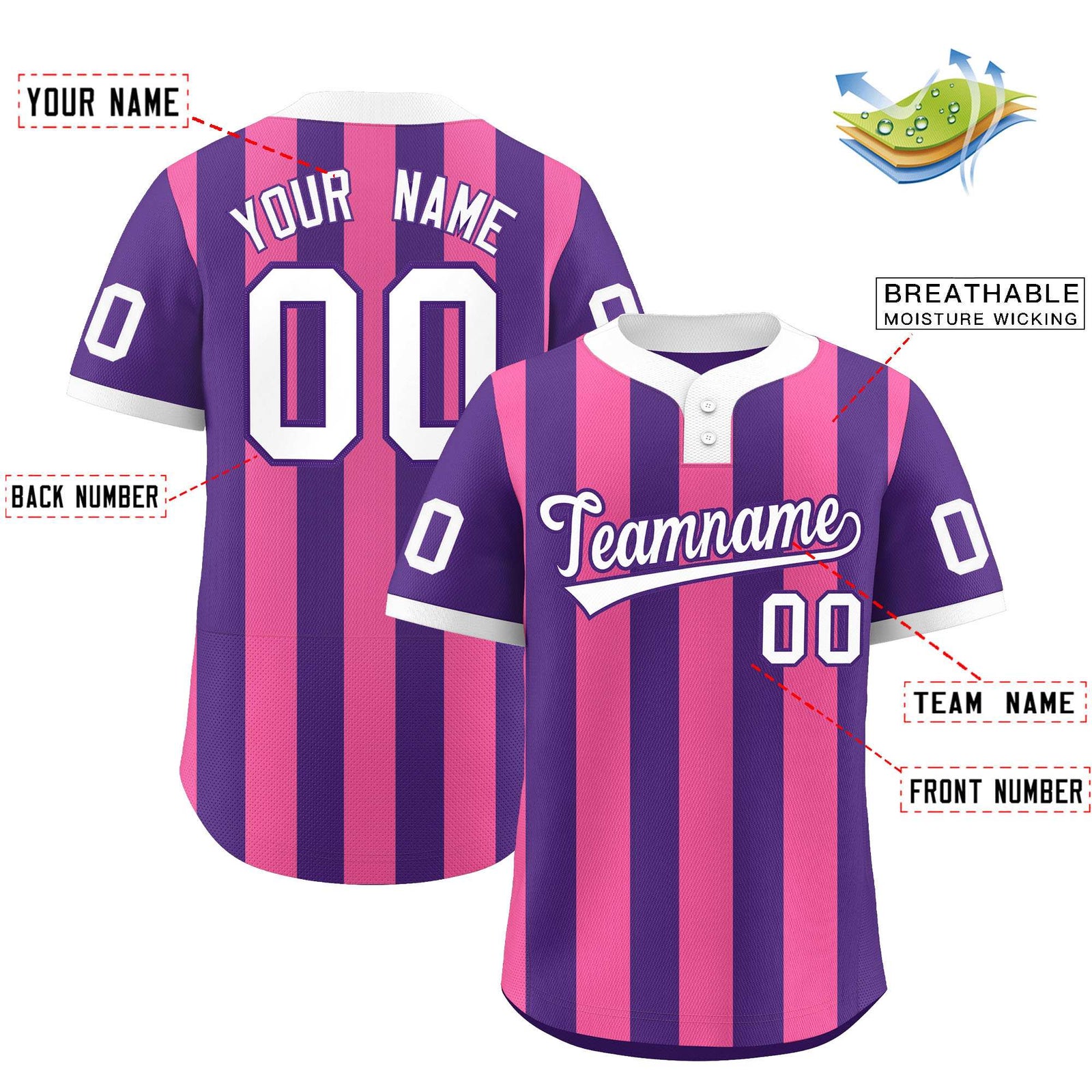 Custom Purple Pink Stripe Fashion Authentic Two-Button Softball Jersey