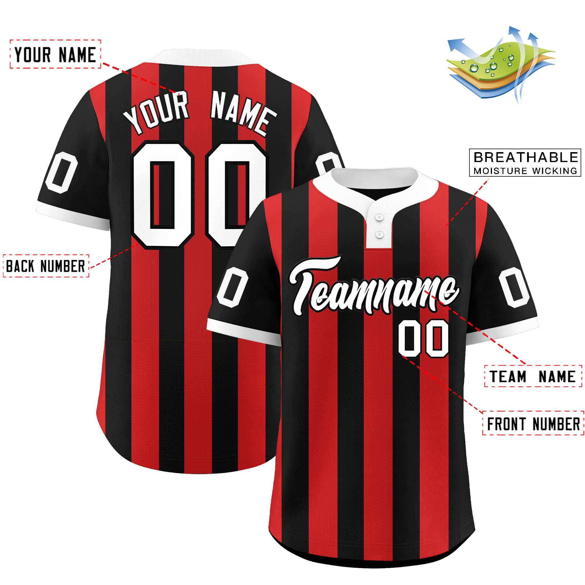 Custom Black Red Stripe Fashion Authentic Two-Button Softball Jersey