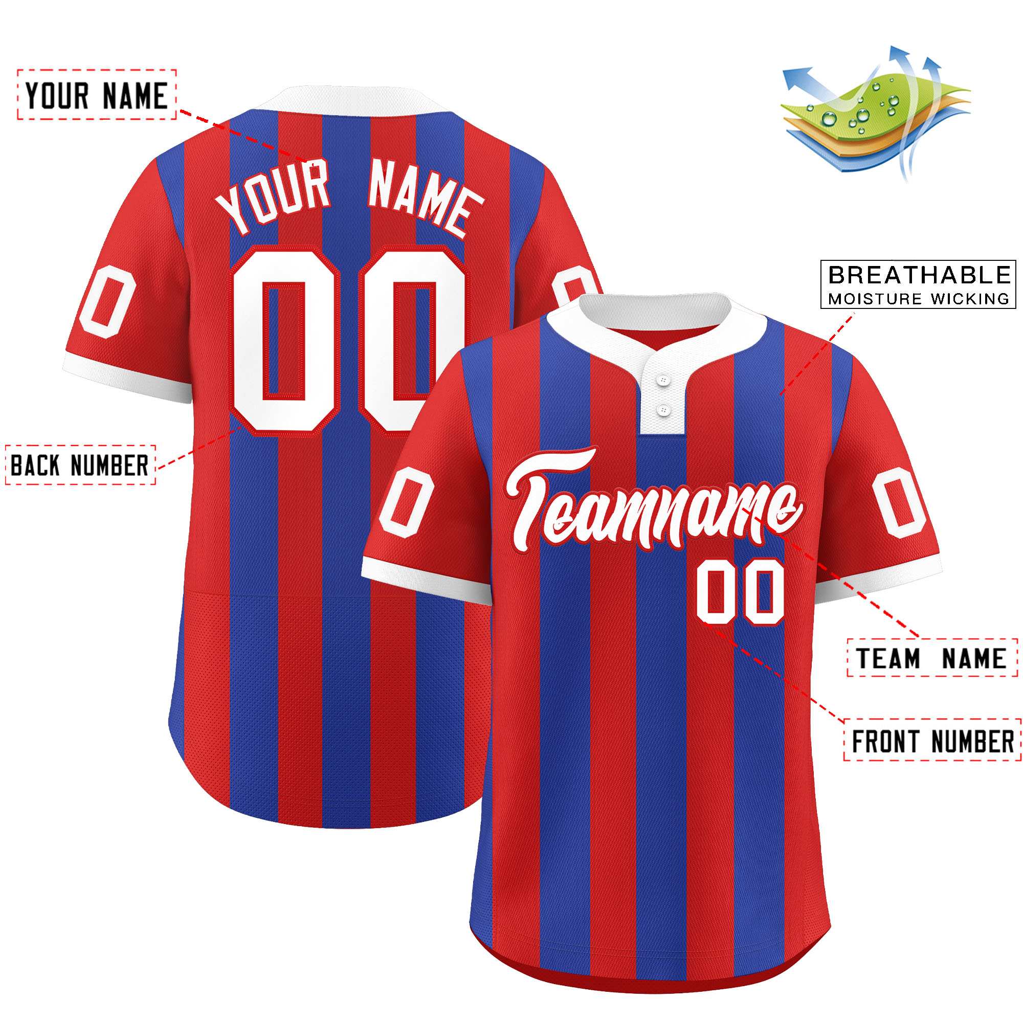Custom Red Royal Stripe Fashion Authentic Two-Button Softball Jersey