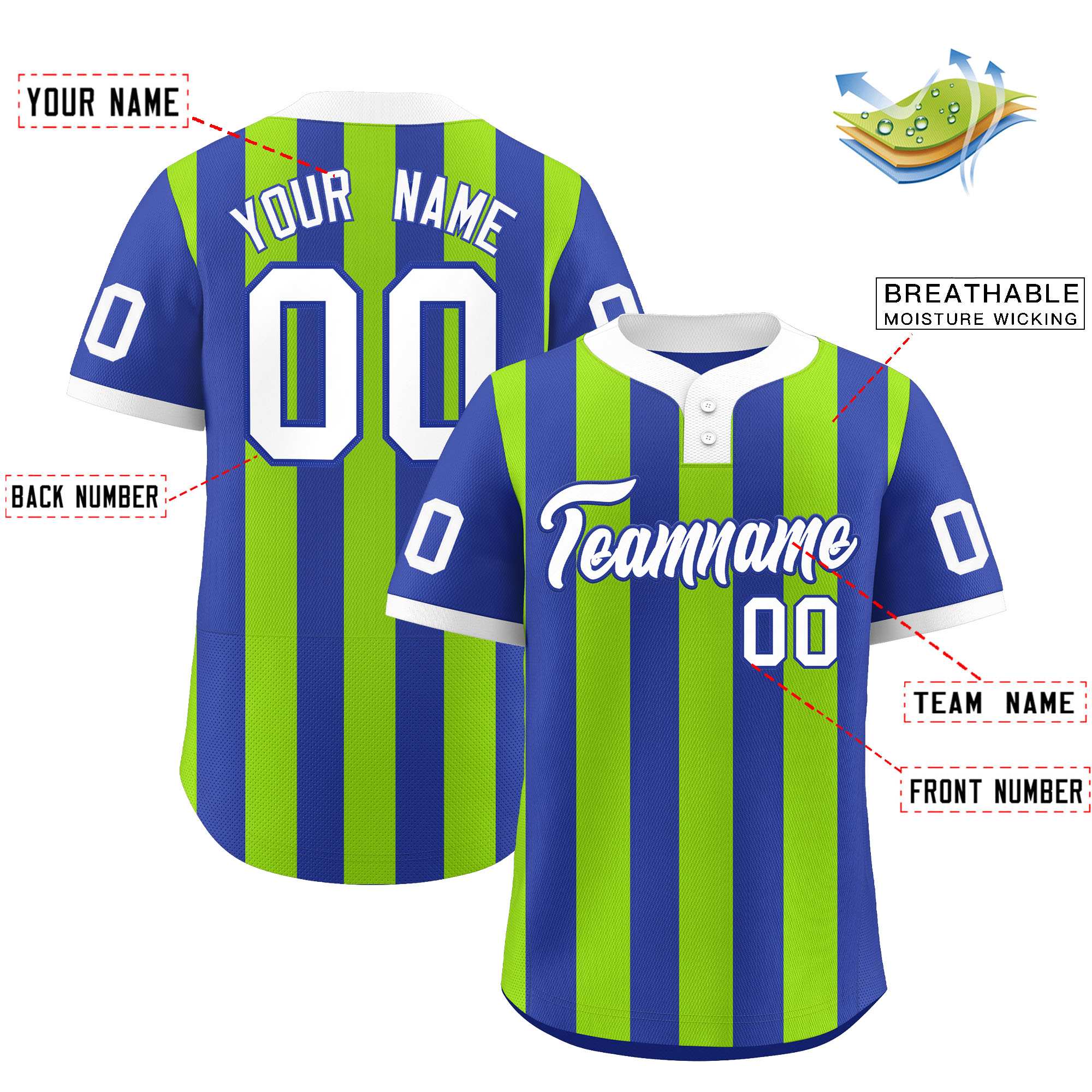 Custom Royal Neon Green Stripe Fashion Authentic Two-Button Softball Jersey