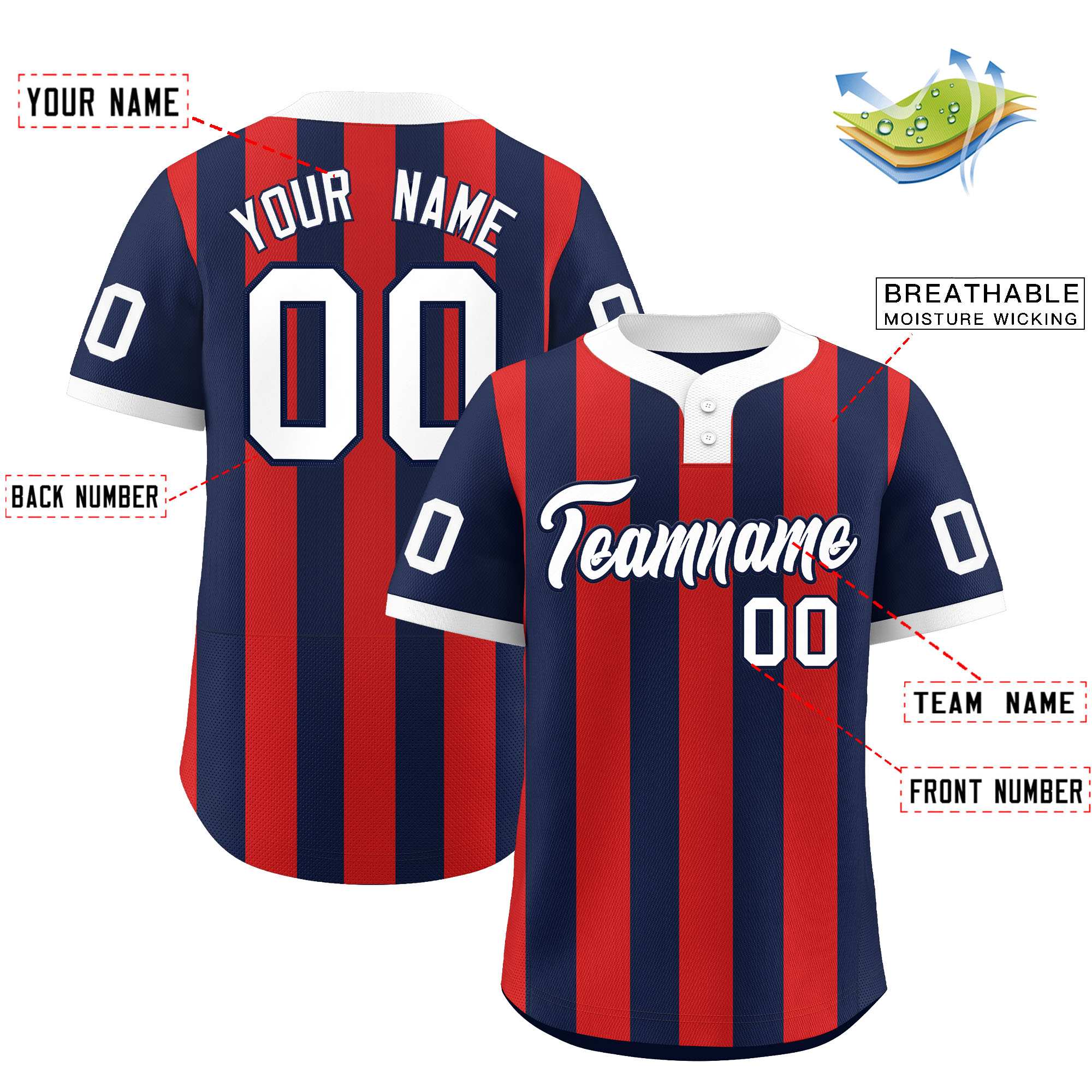 Custom Navy Red Stripe Fashion Authentic Two-Button Baseball Jersey